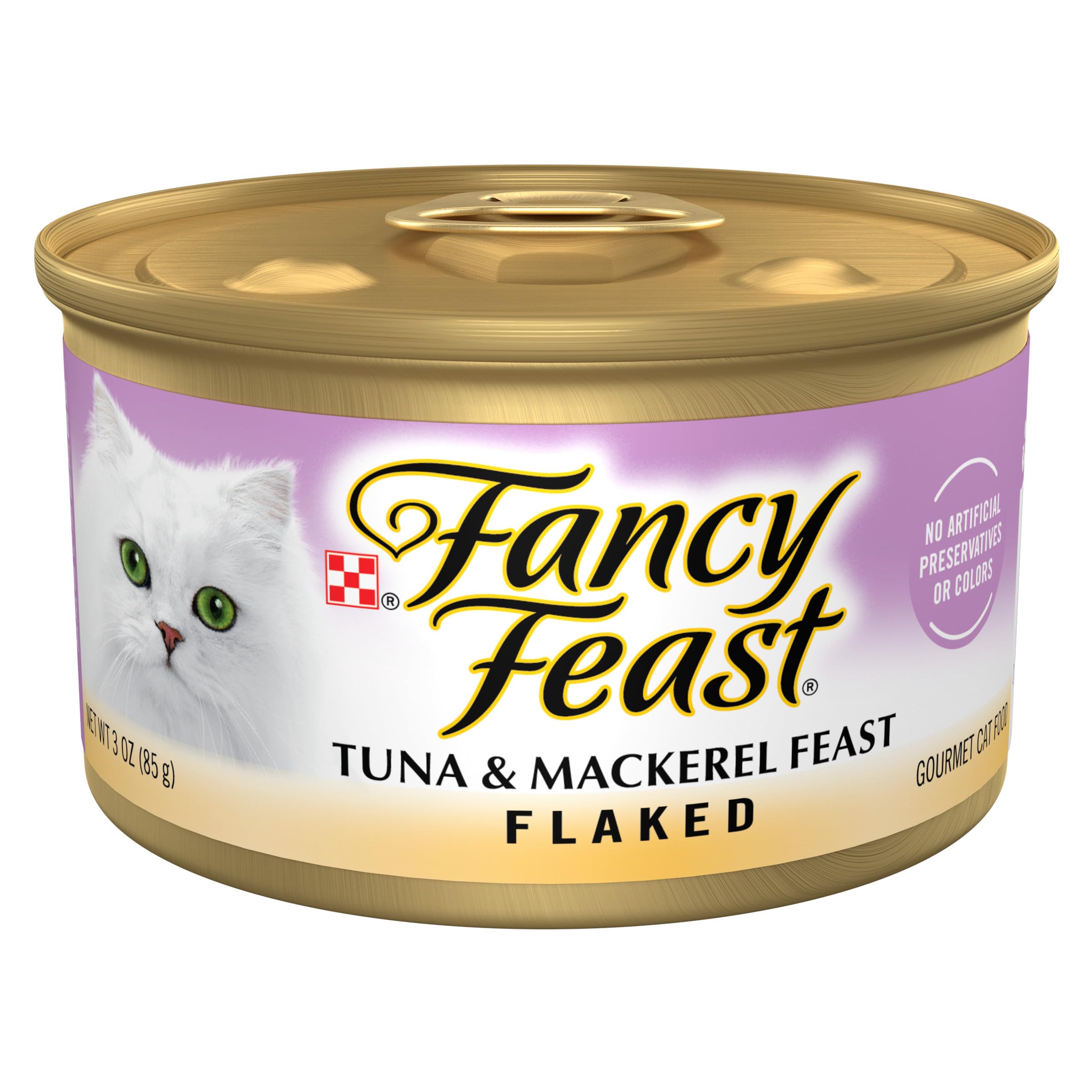 Fancy Feast tuna and mackerel flakes for a flavorful, protein-rich cat meal.