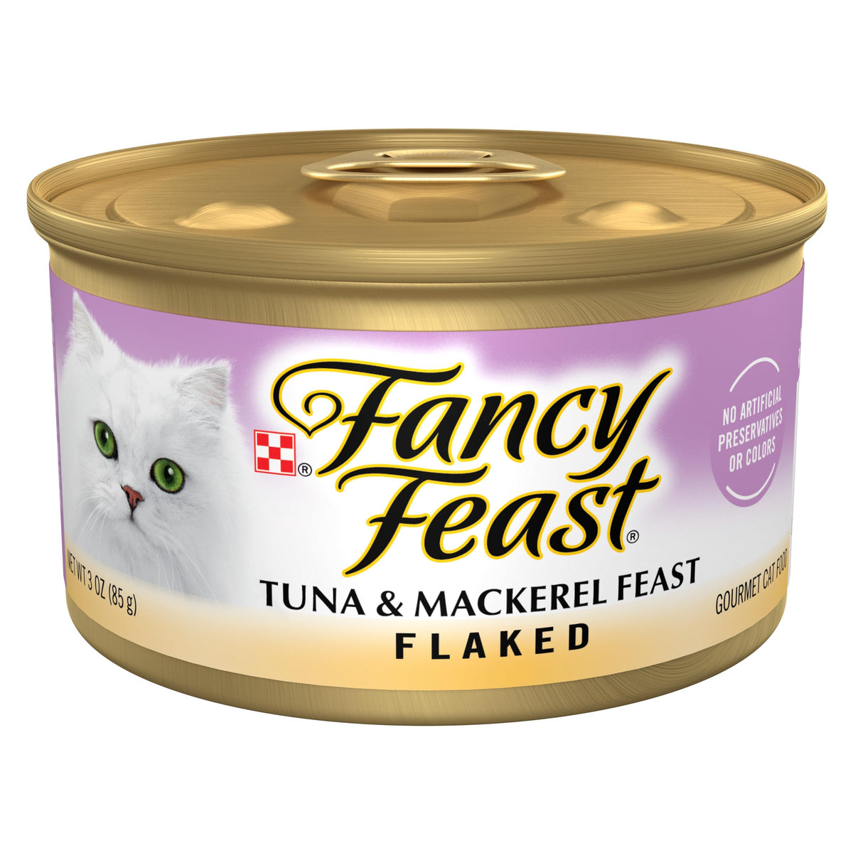 Fancy Feast tuna and mackerel flakes for a flavorful, protein-rich cat meal.