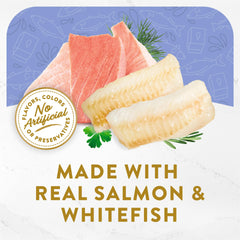 Closeup of Fancy Feast Salmon-Whitefish pouch showing real protein in broth.