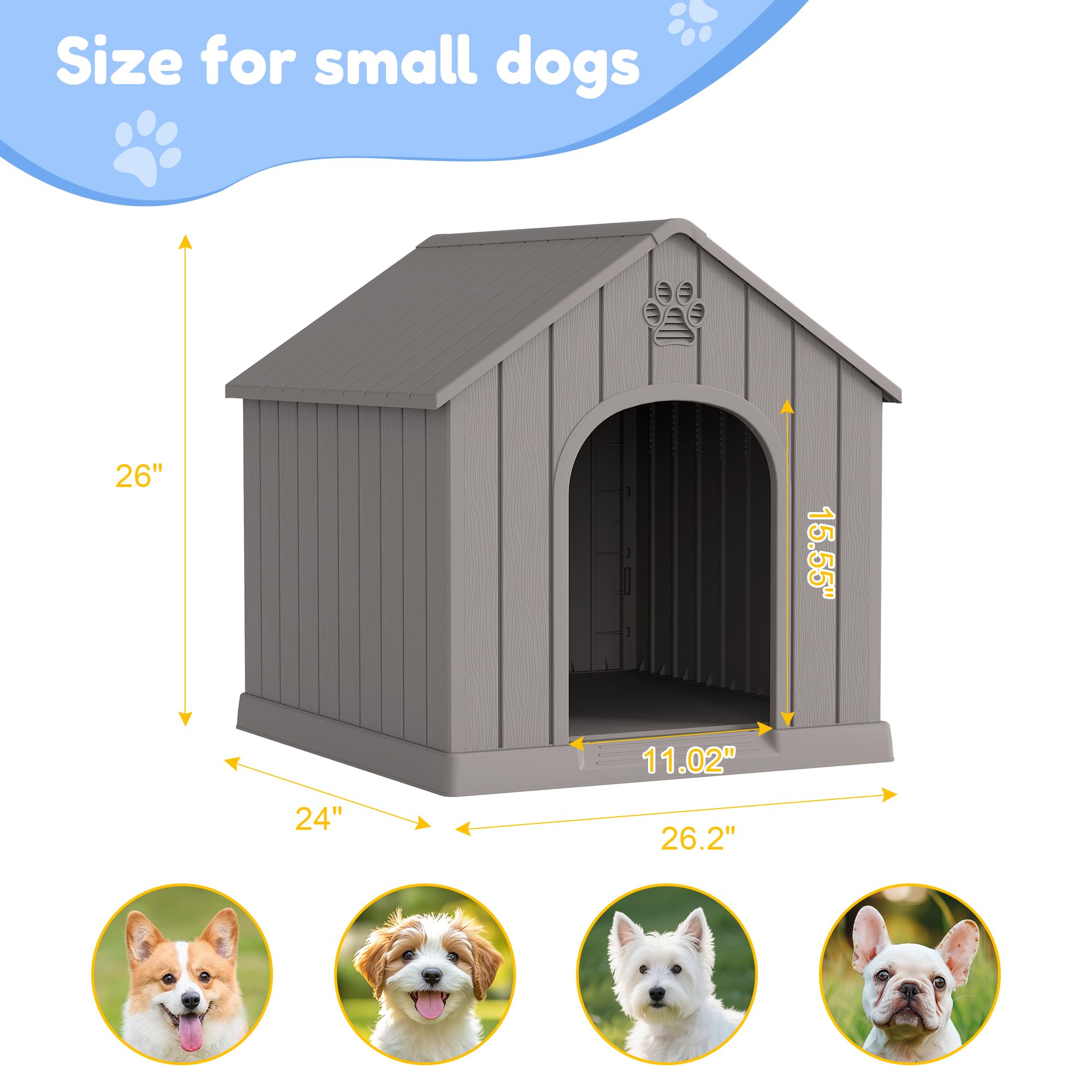 Fancyango dog house with elevated floor keeps pets away from damp ground for warmth.