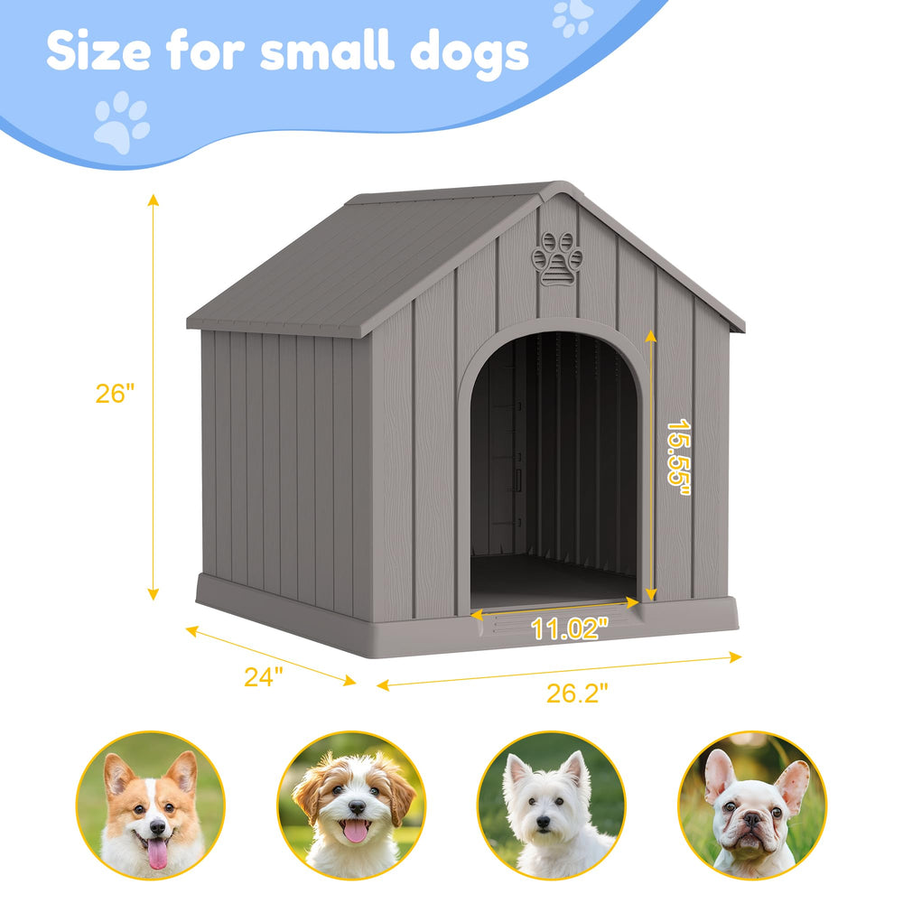 Fancyango dog house with elevated floor keeps pets away from damp ground for warmth.