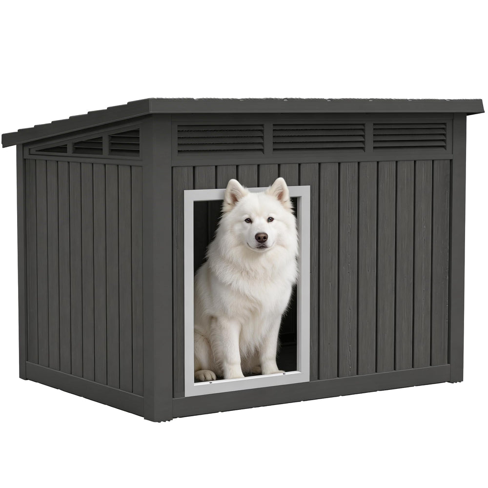 Fancyango dog house front view showing sturdy weatherproof shelter