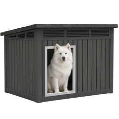 Fancyango dog house front view showing sturdy weatherproof shelter