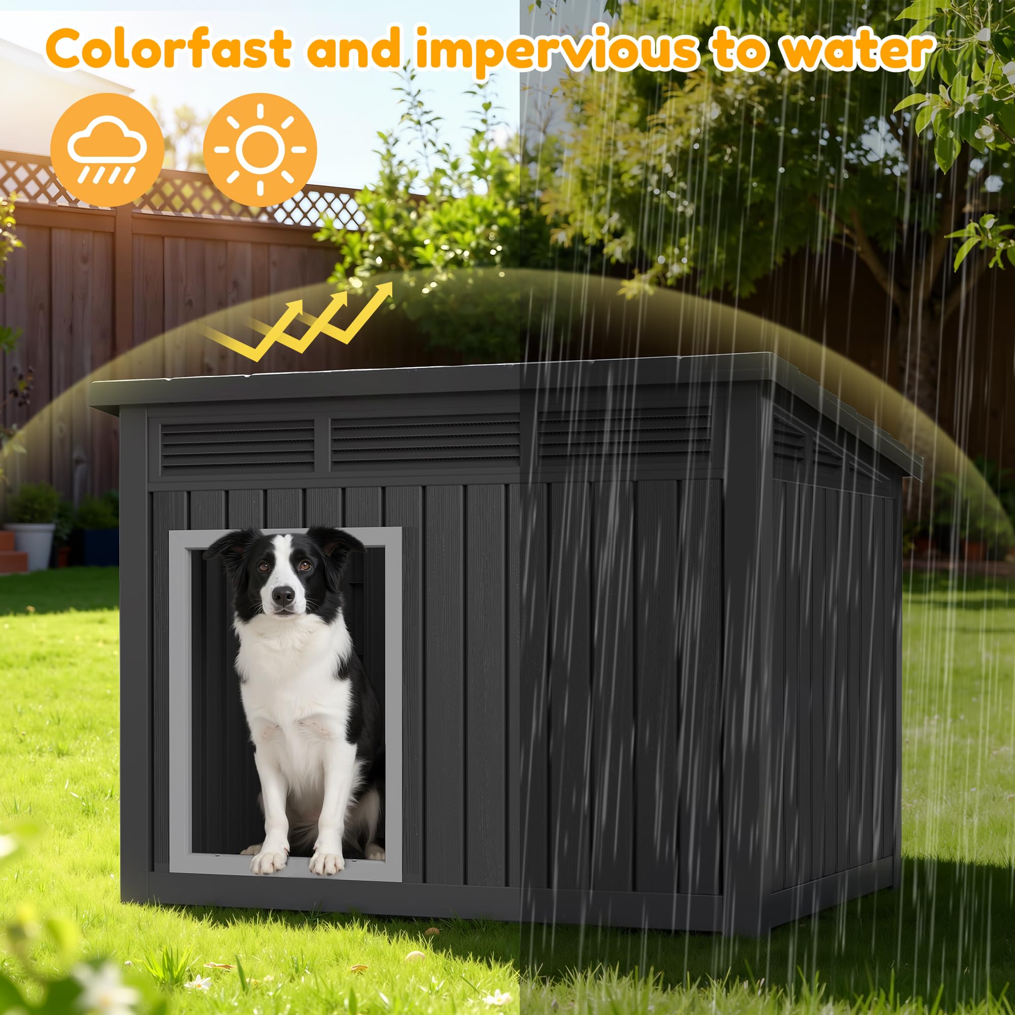 Fancyango indoor-outdoor black dog house fits various breeds.