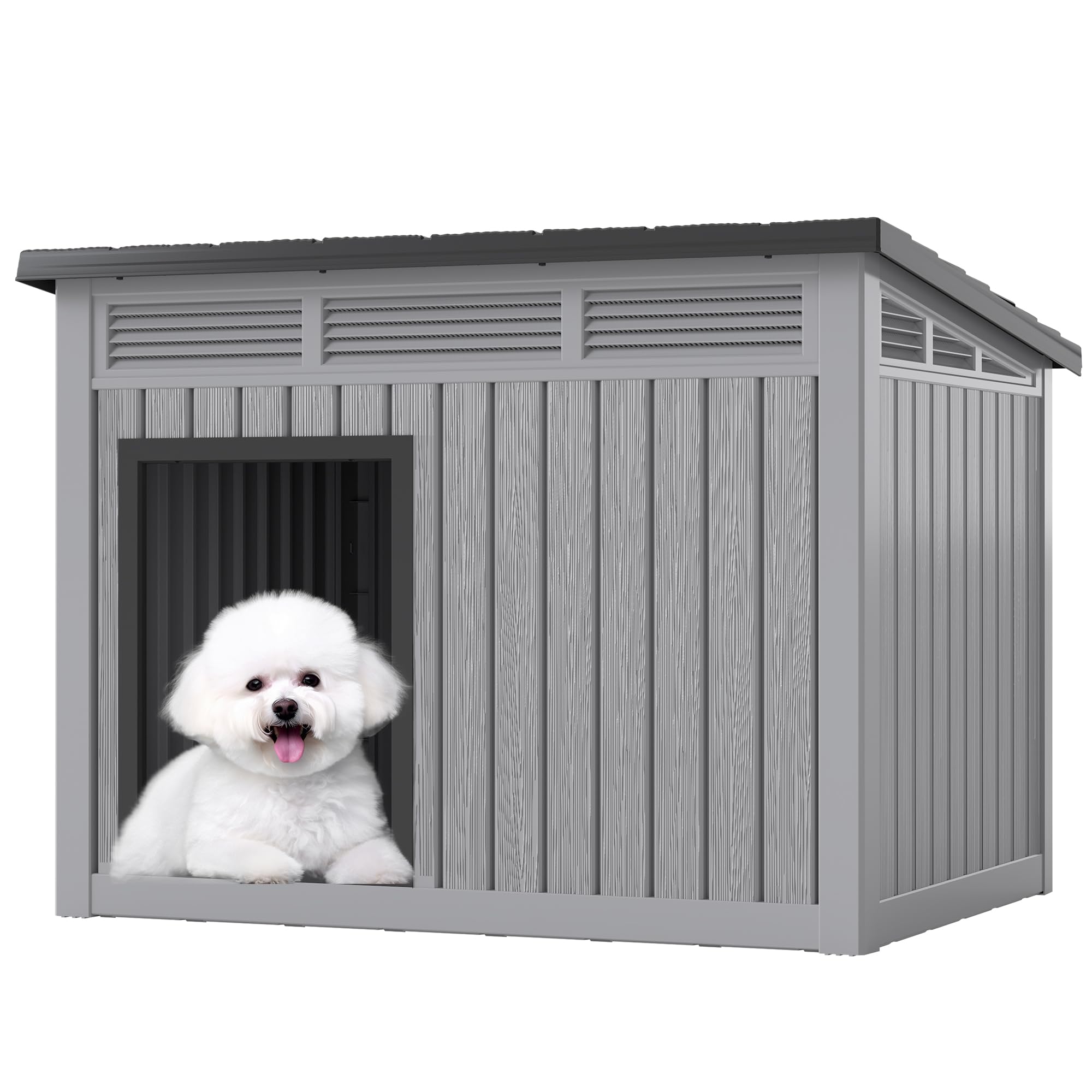 Fancyango dog house roof hinges enable easy access and cleaning.
