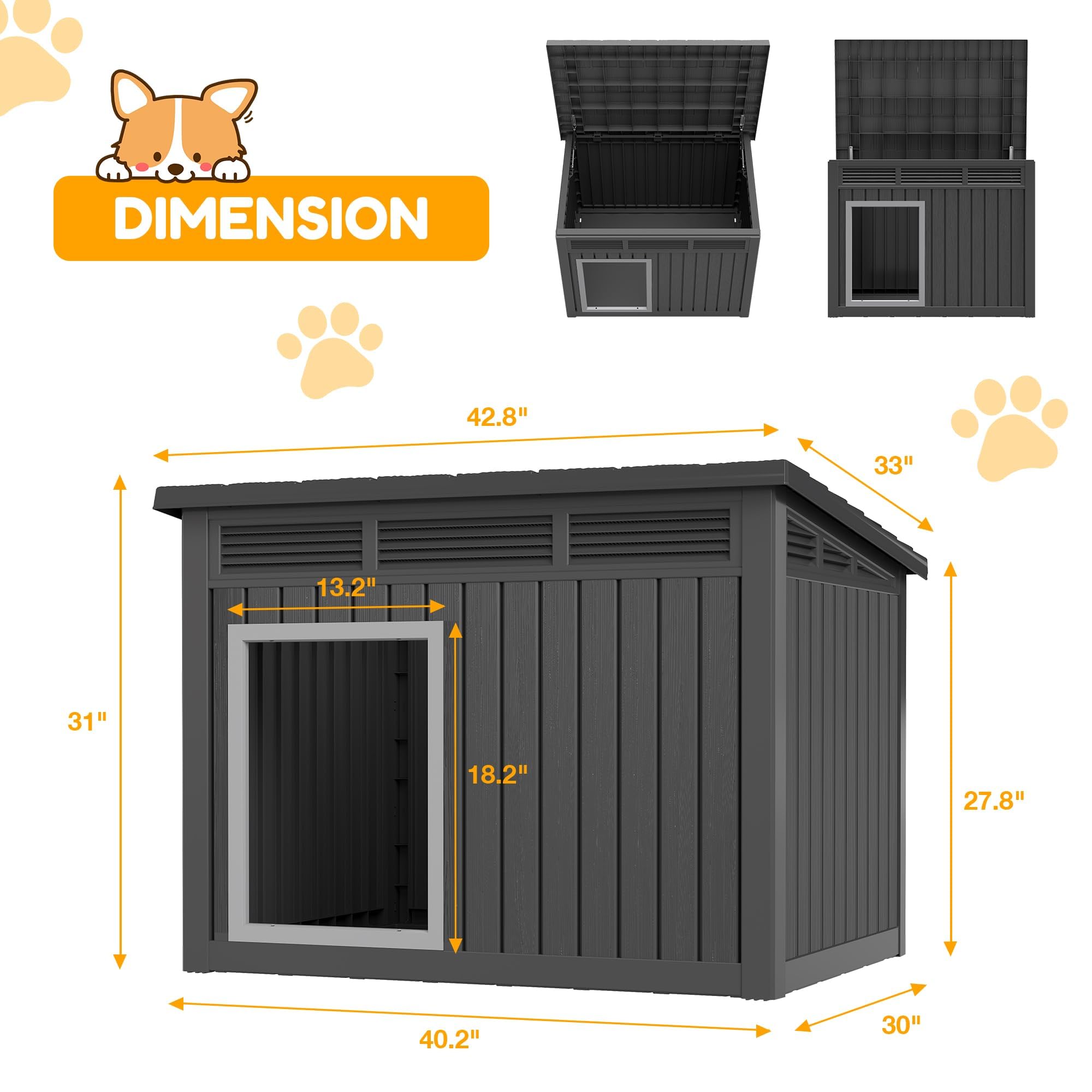 Fancyango dog house slanted roof diverting rain from entrance
