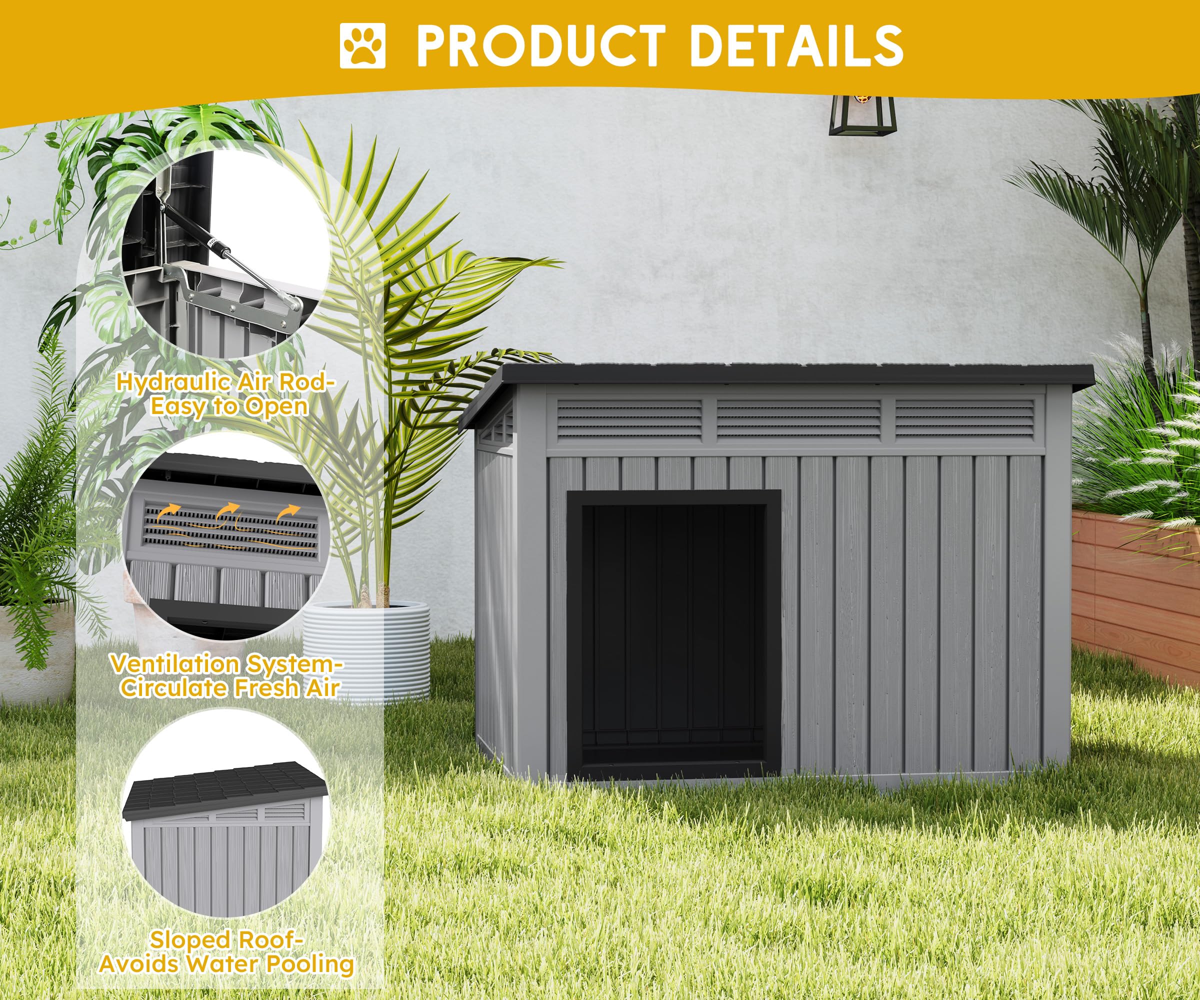 Fancyango dog house ventilation panels promote airflow and keep rain out.