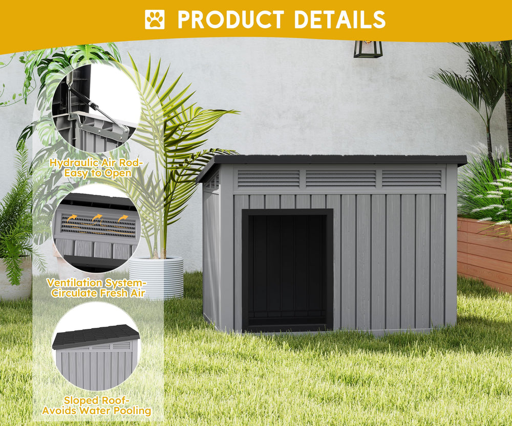 Fancyango dog house ventilation panels promote airflow and keep rain out.