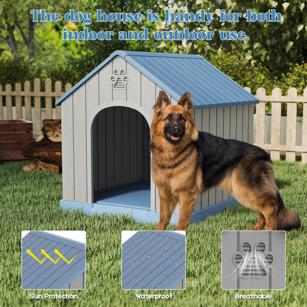 Fancyango large dog house assembly steps and tool-free setup.