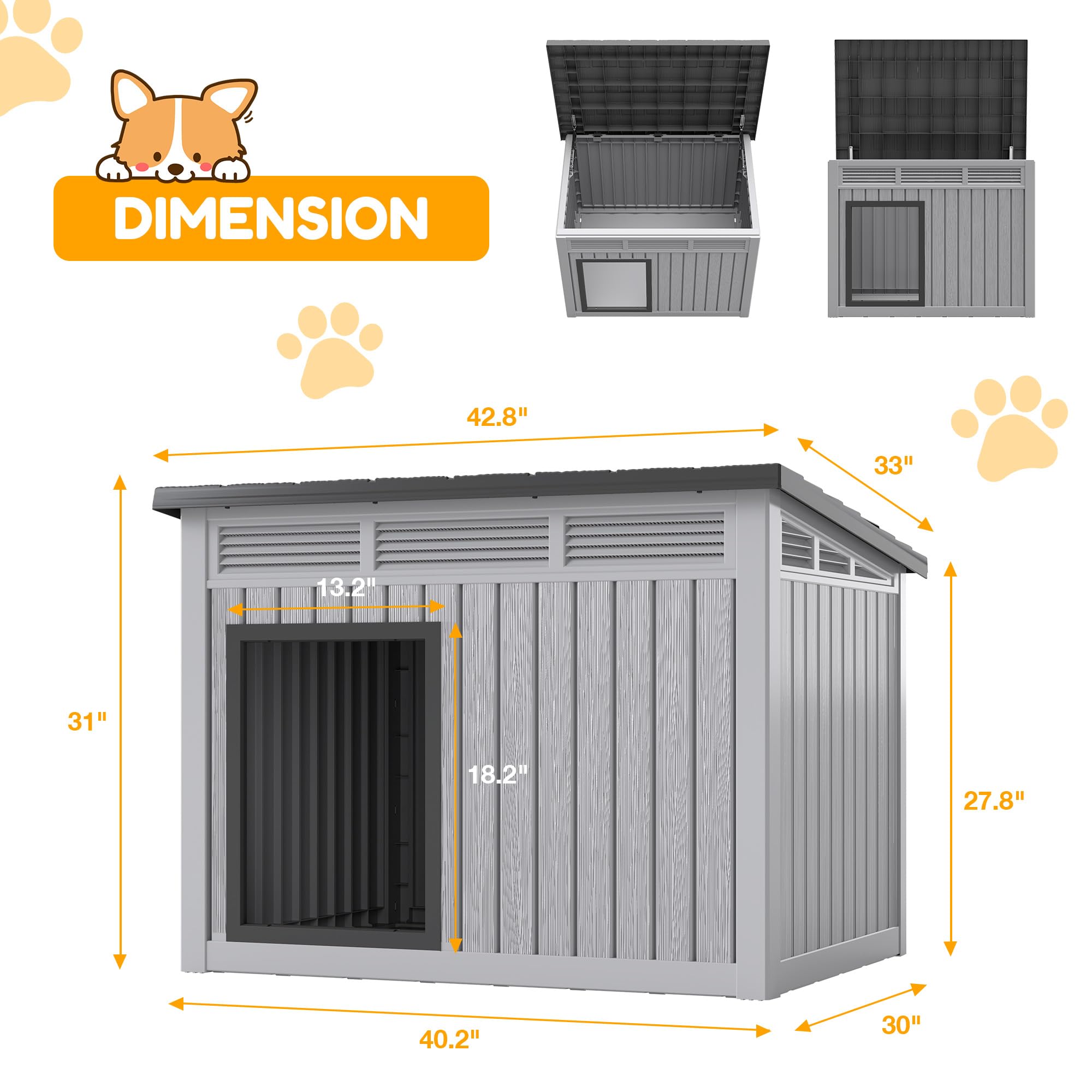 Fancyango large dog house dimensions: 42.8 in long, 33 in wide, 31.5 in high.
