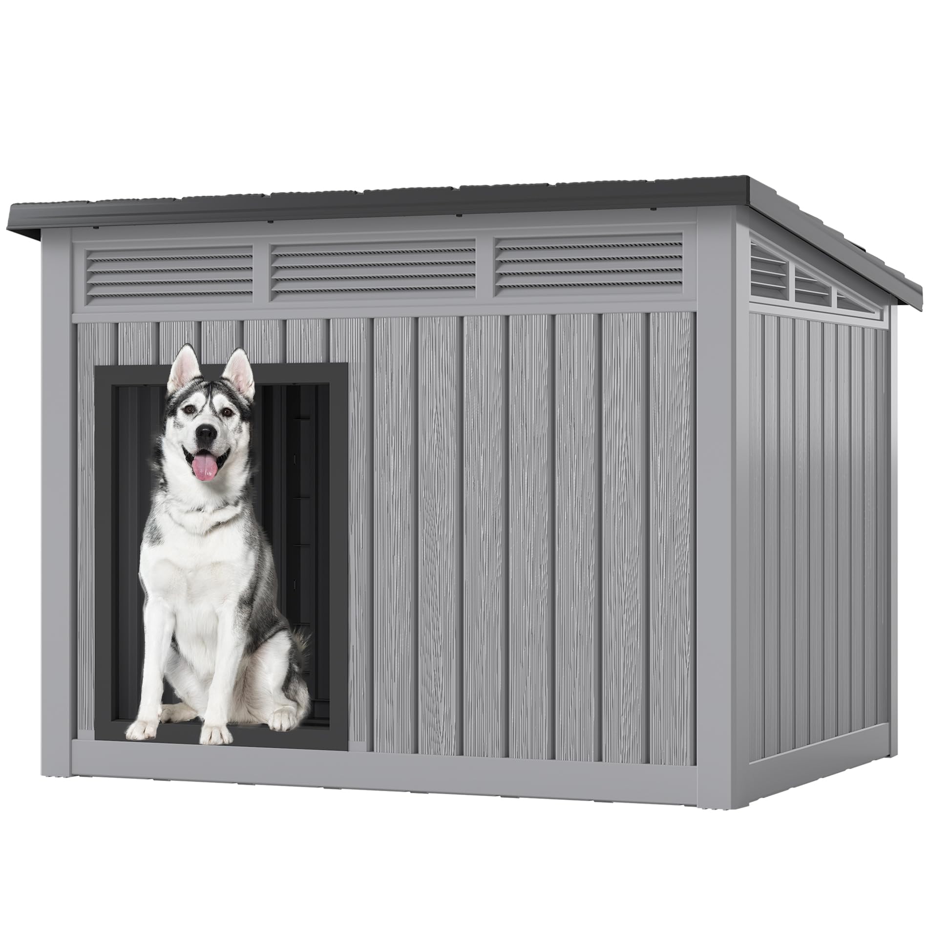 Fancyango large dog house front view, durable weatherproof shelter for all seasons.