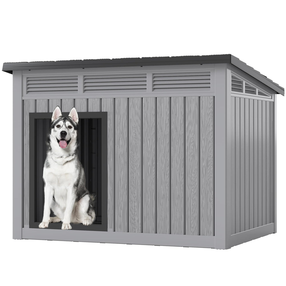Fancyango large dog house front view, durable weatherproof shelter for all seasons.