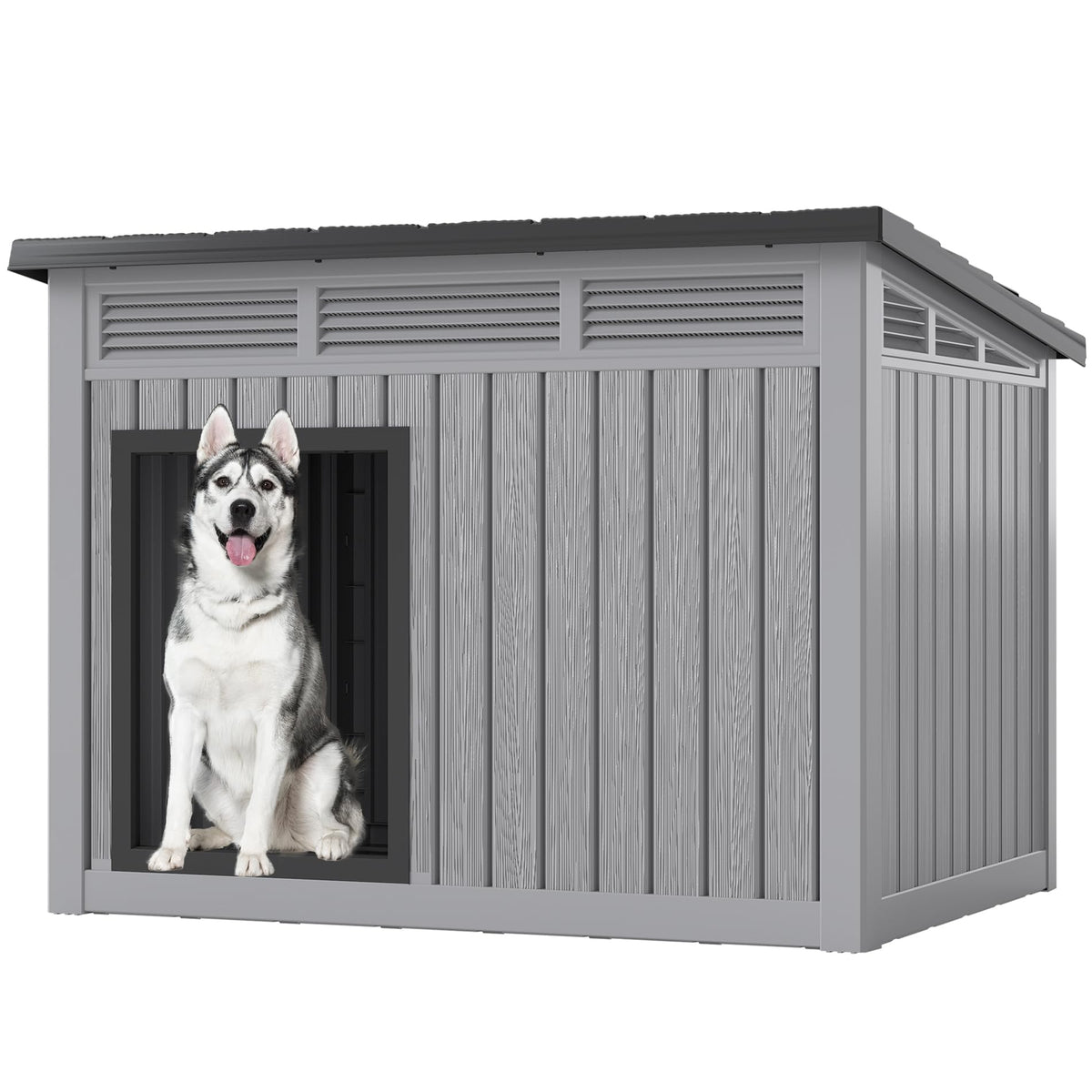 Fancyango large dog house front view, durable weatherproof shelter for all seasons.
