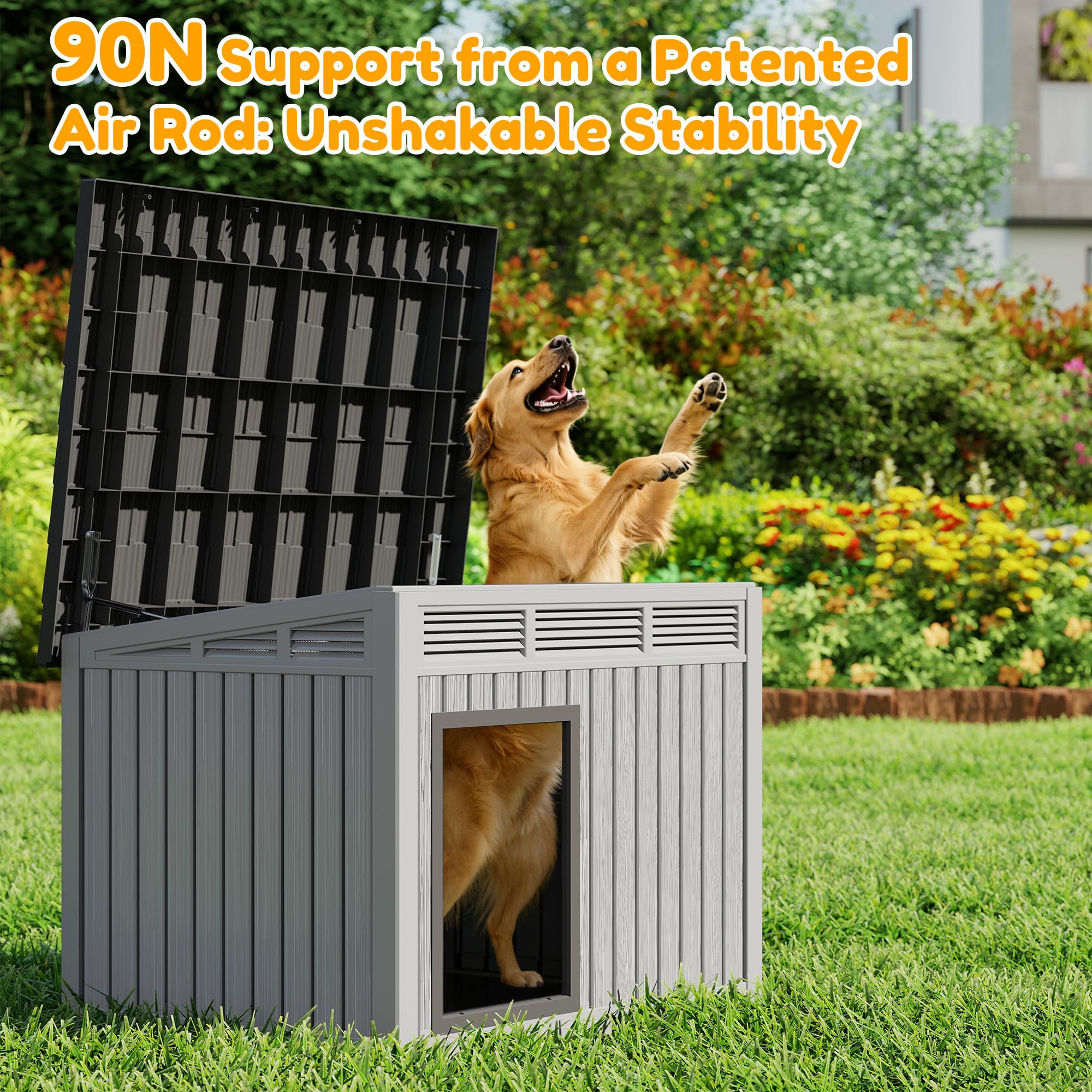 Fancyango large dog house interior space, roomy design for dogs to stand and rest.