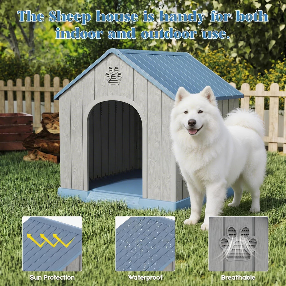 Fancyango large dog house outdoor side view highlights waterproof shell and wind resistance.