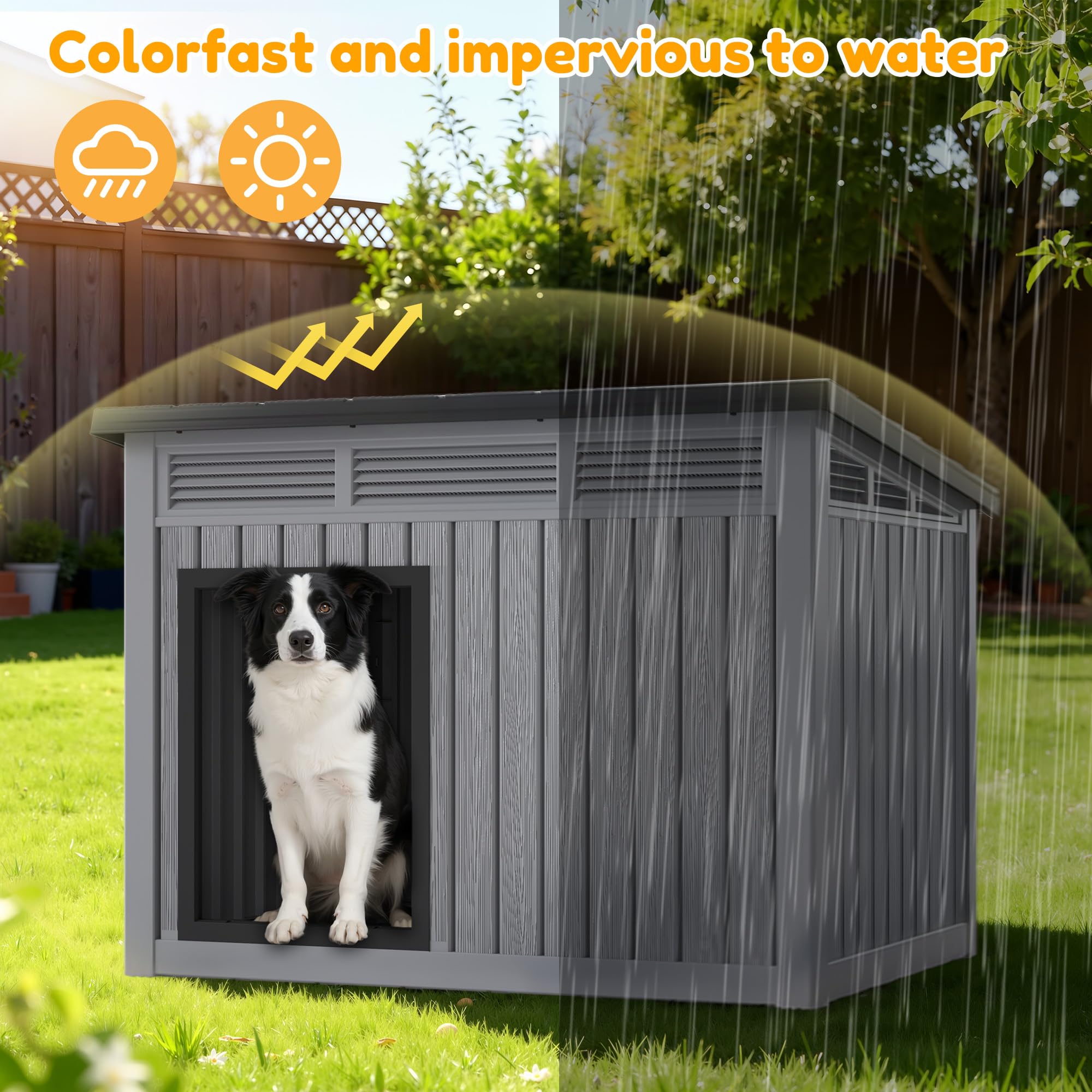 Fancyango large dog house weatherproof roof, protects against rain and wind.