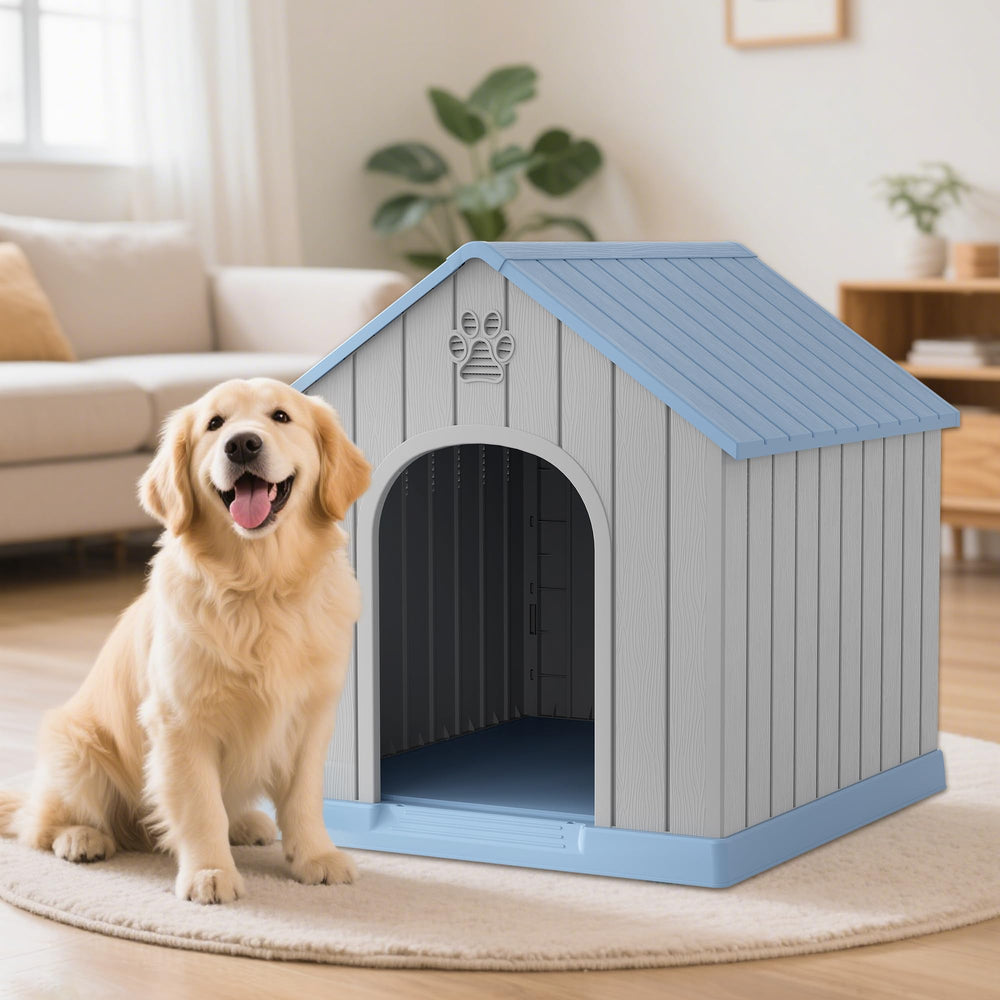 Fancyango large dog house installed with ground nails for wind stability.