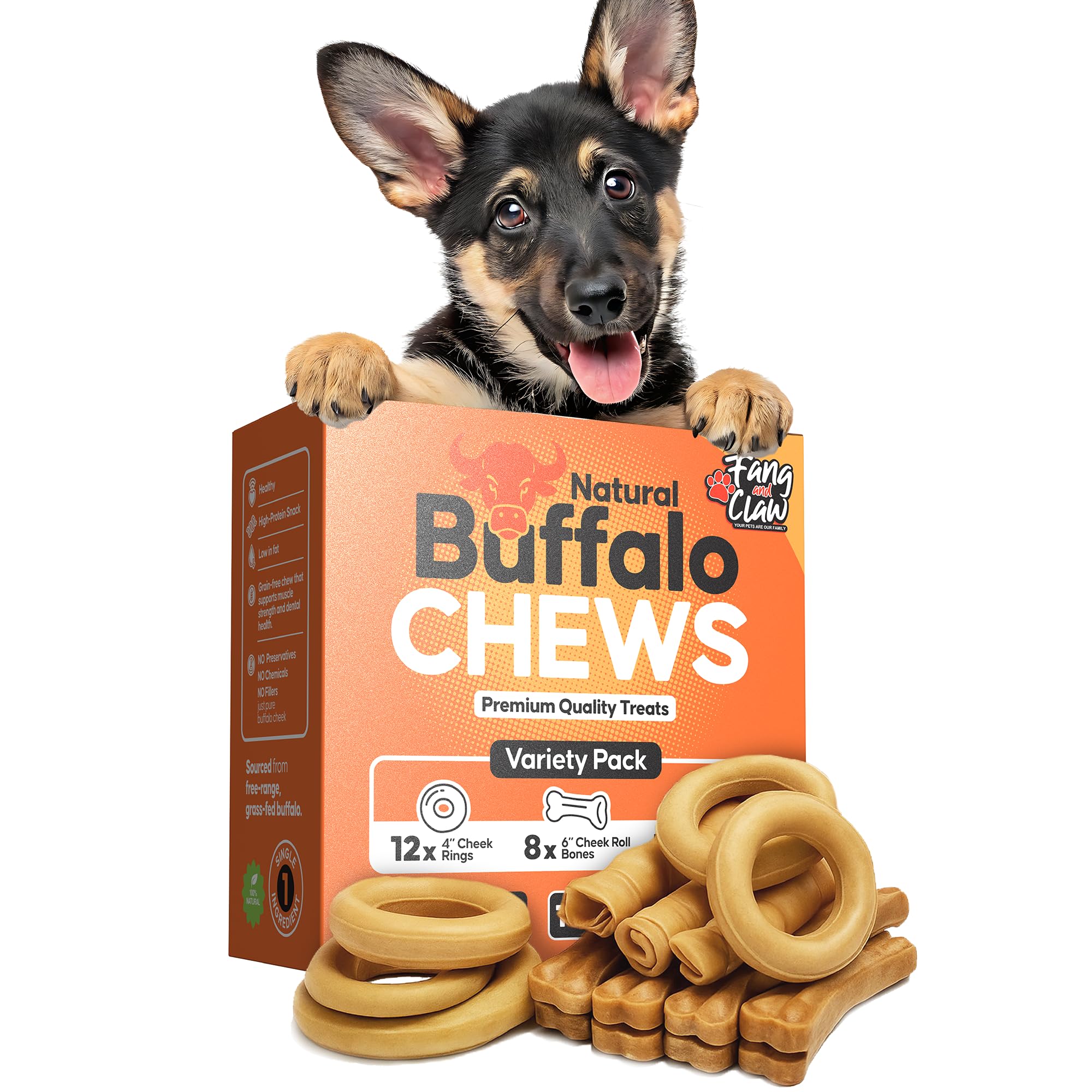 Fang and Claw rawhide-free, easily digestible buffalo chews.