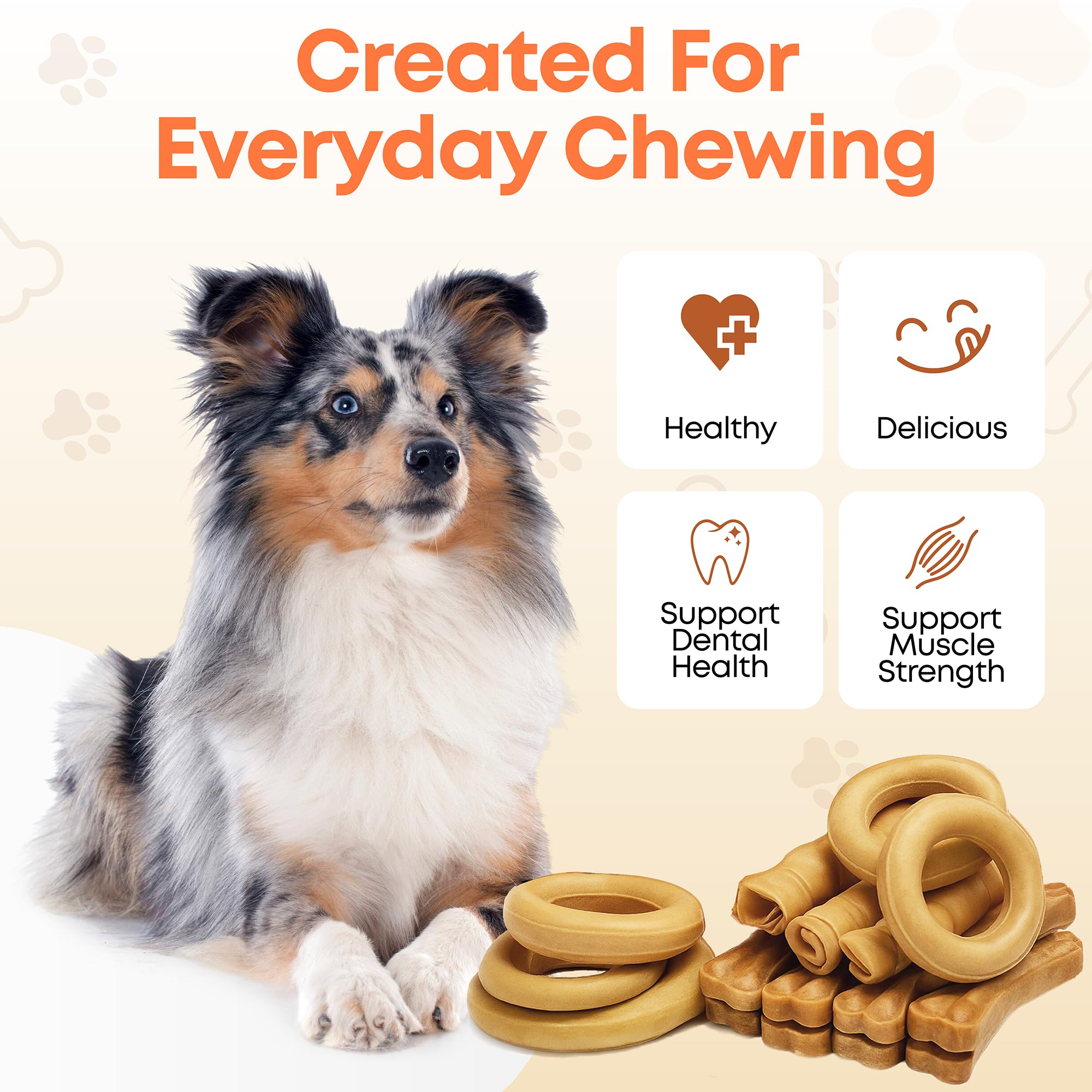 Fang and Claw variety-pack dog chews showing diverse shapes and textures.