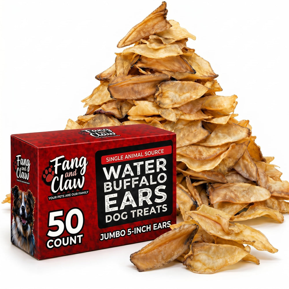 Fang and Claw water buffalo ears bulk pack 50-count for large dogs provides long-lasting chews.