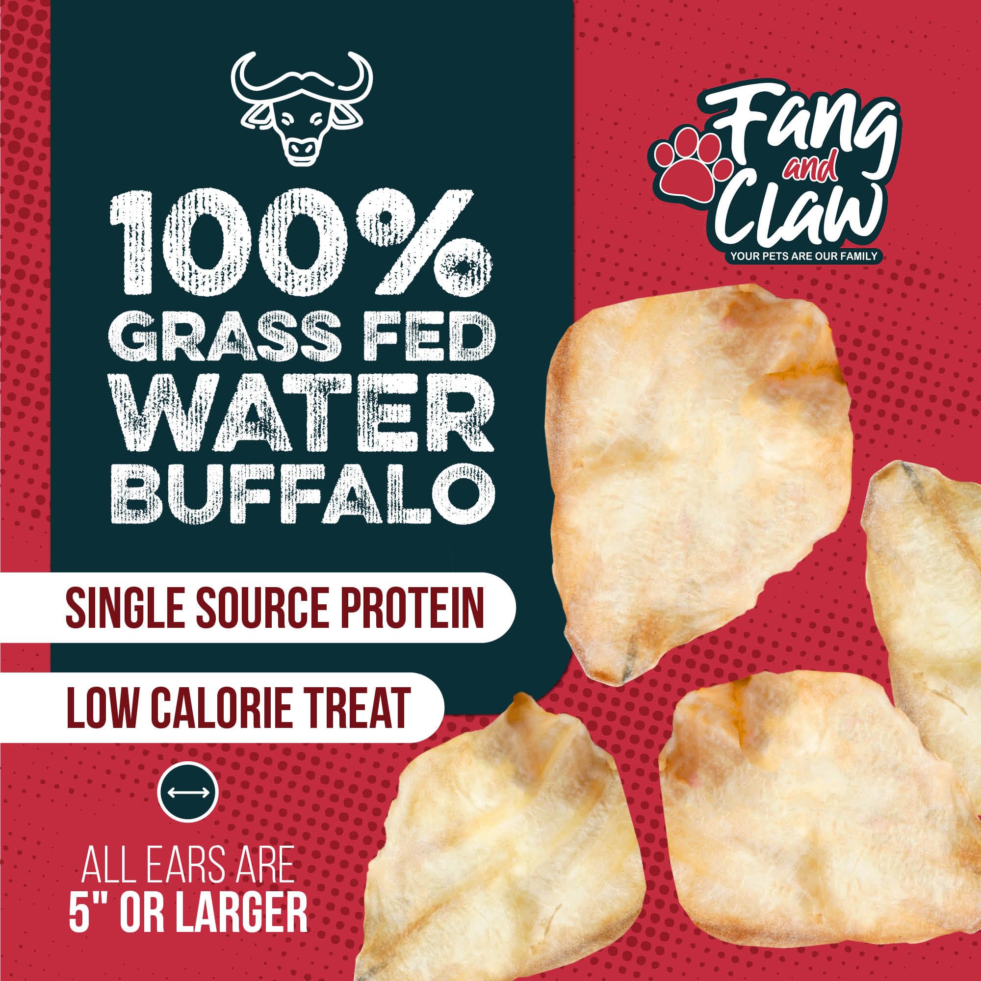 Fang & Claw buffalo ears grain-free label; 100% natural, hormone-free dog treat