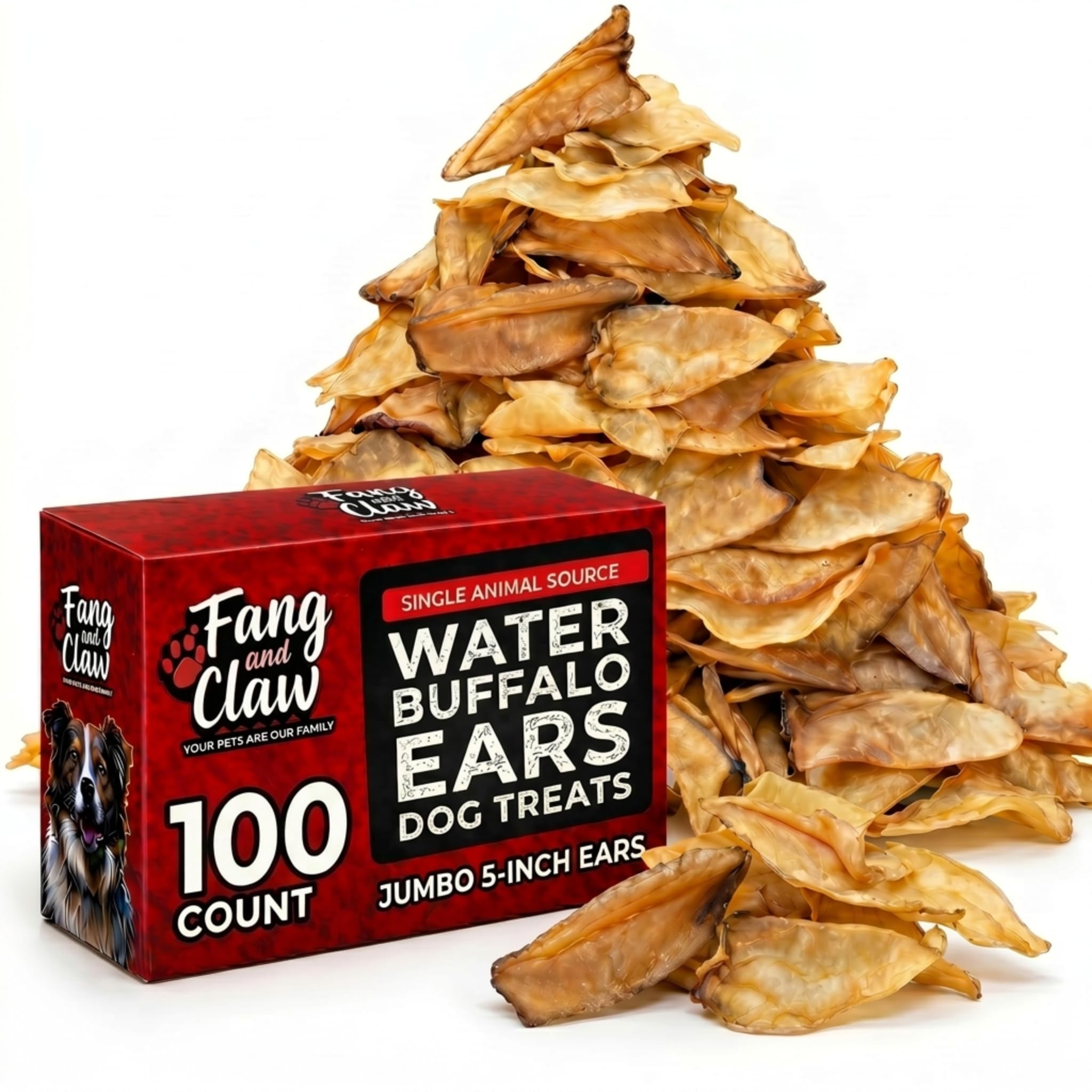 Fang & Claw buffalo ears pack shot; long-lasting single-ingredient chew for strong chewers