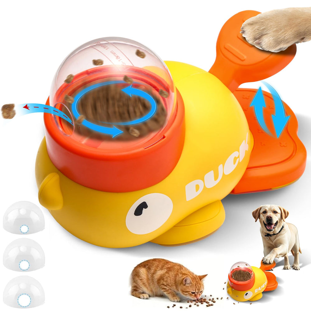 Fanosy duck-shaped interactive toy with rotating dispenser for dogs and cats, encouraging mental engagement