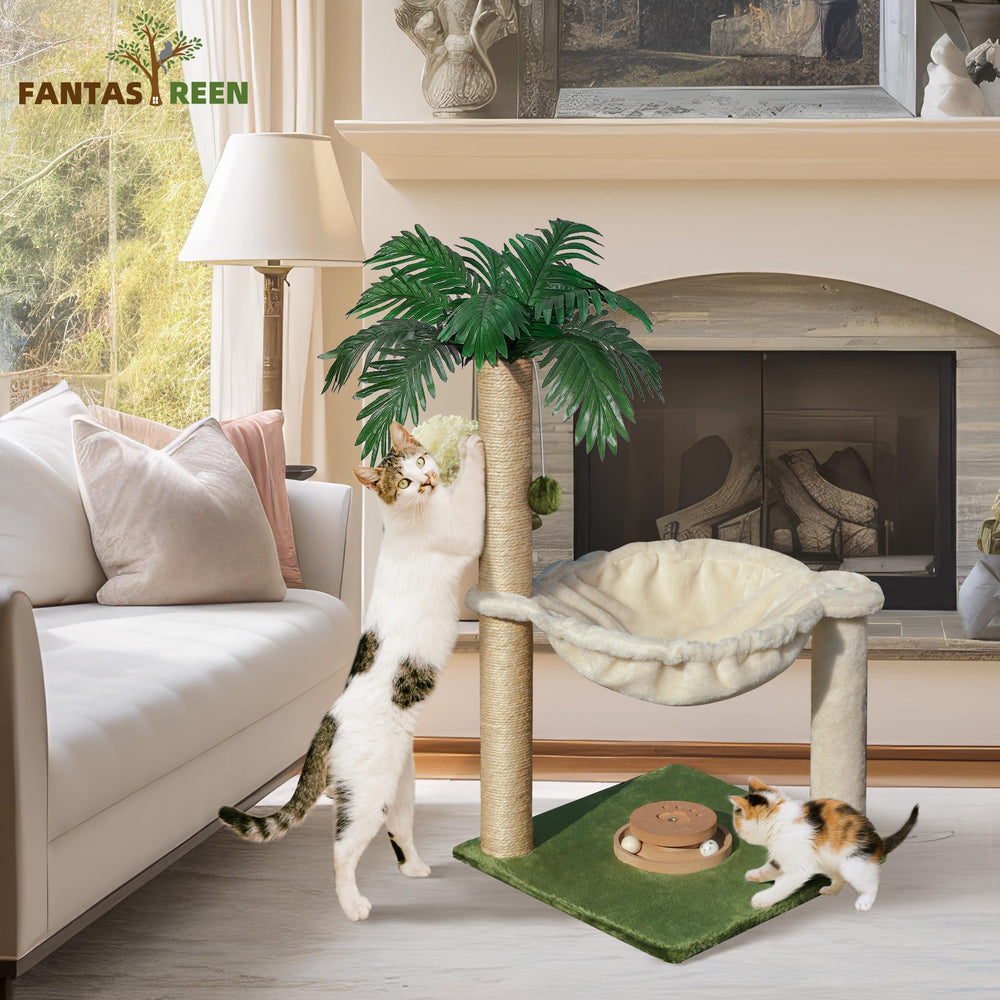 Fantasreen cat tree full view highlights a compact, multi-feature design.