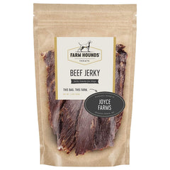 Farm Hounds Beef Jerky dog treat bag front illustrates premium, natural ingredients for training.