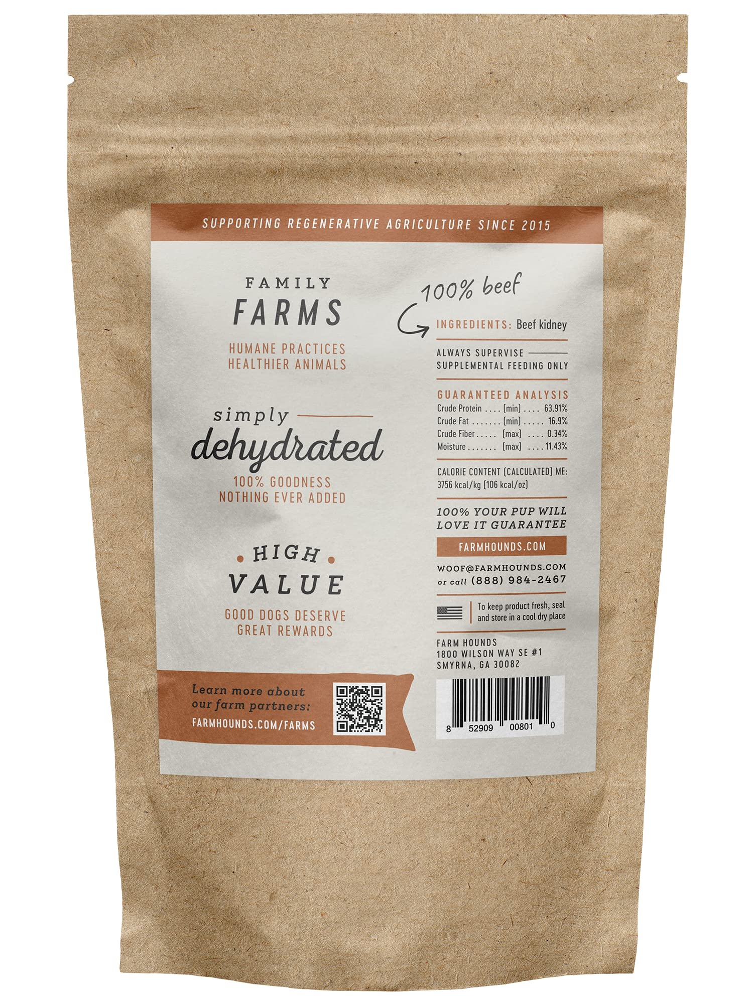 Farm Hounds Beef Kidney Jerky package with dog – portable 4 oz
