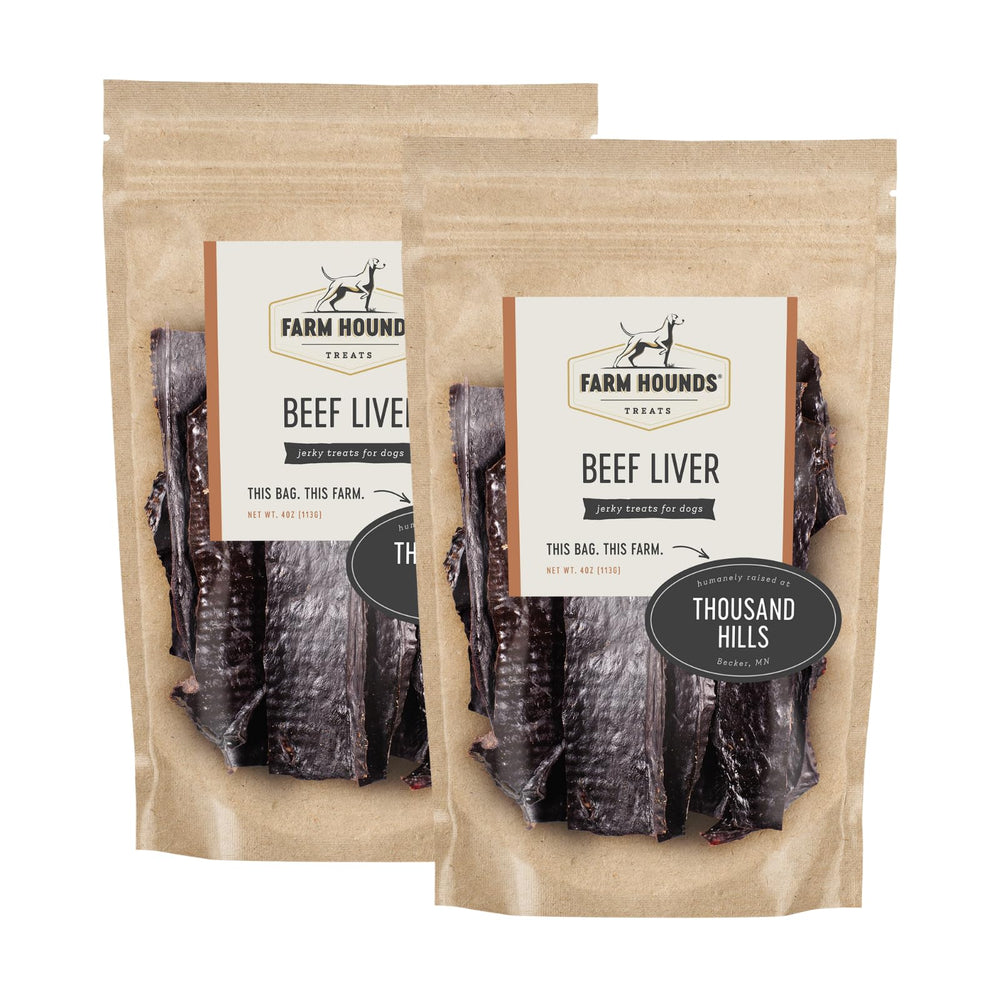 Farm Hounds beef liver jerky two-pack front label highlights single-ingredient treats.