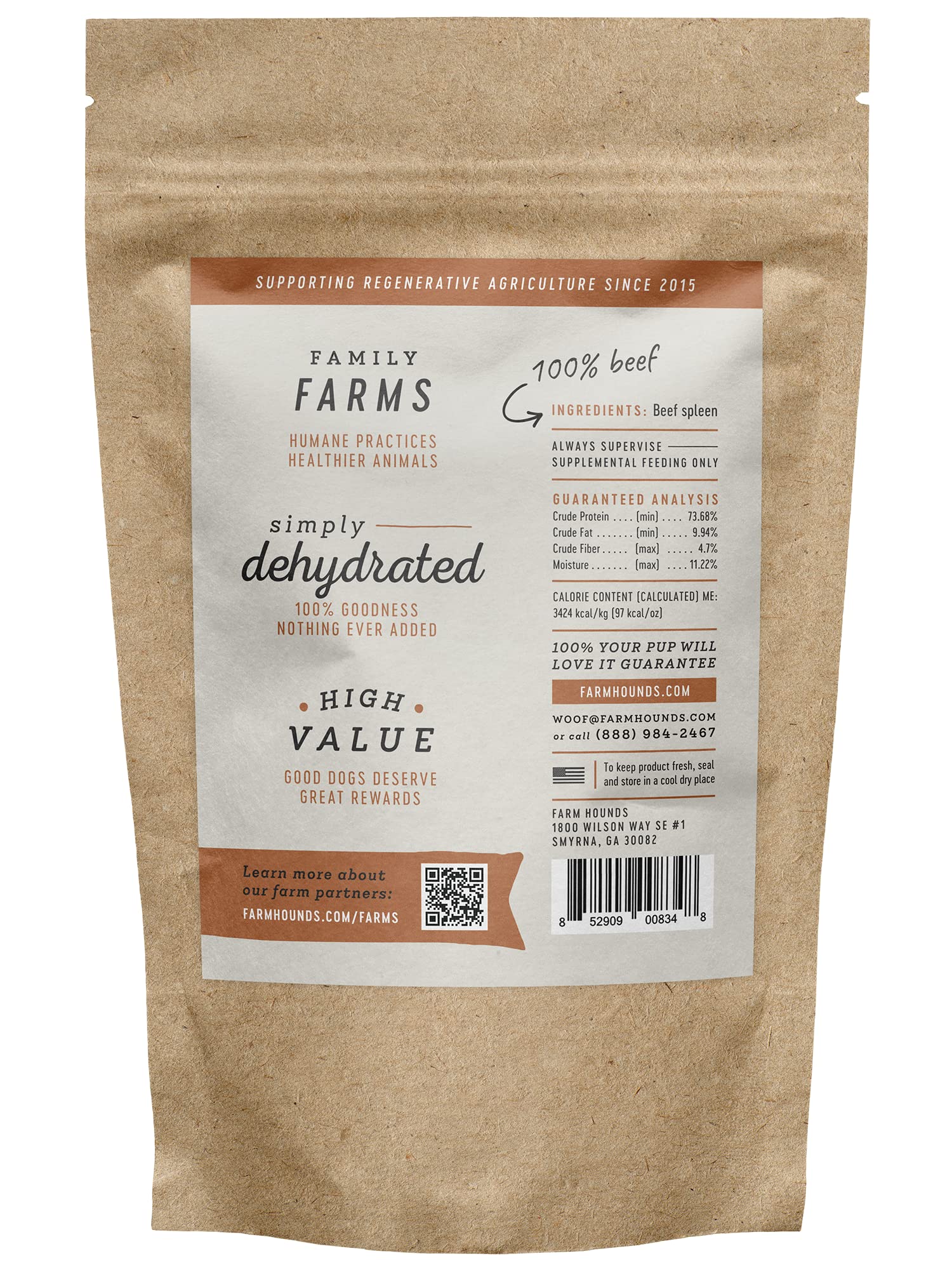 Farm Hounds beef spleen jerky with nutrition facts on label