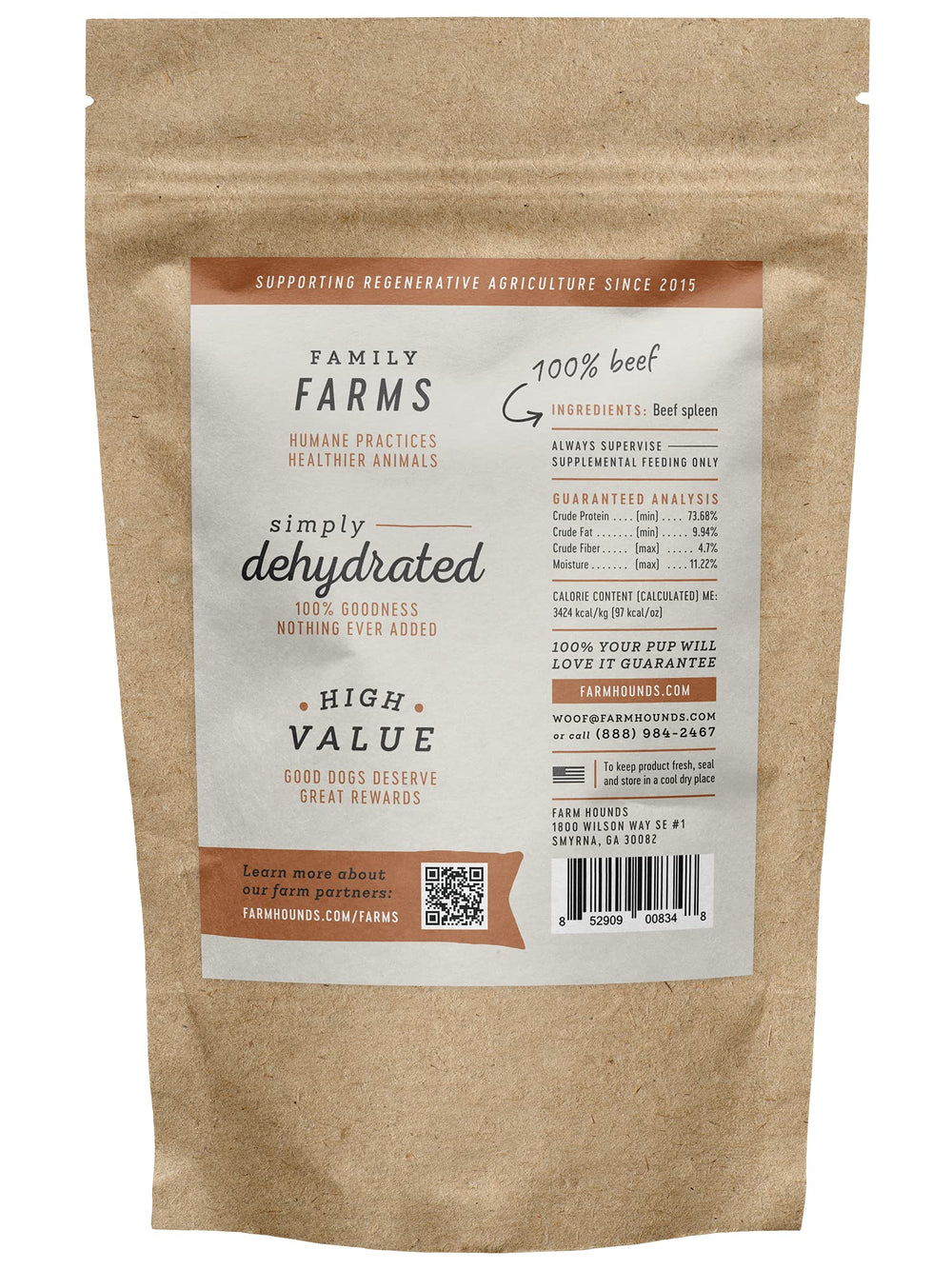 Farm Hounds beef spleen jerky with nutrition facts on label