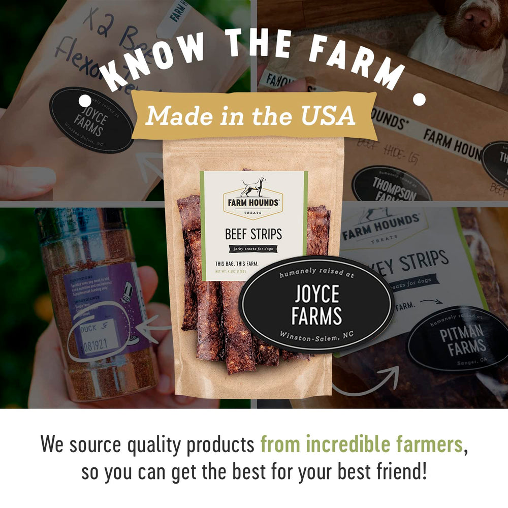 Ingredients: pasture-raised cattle with no fillers in Farm Hounds strips.
