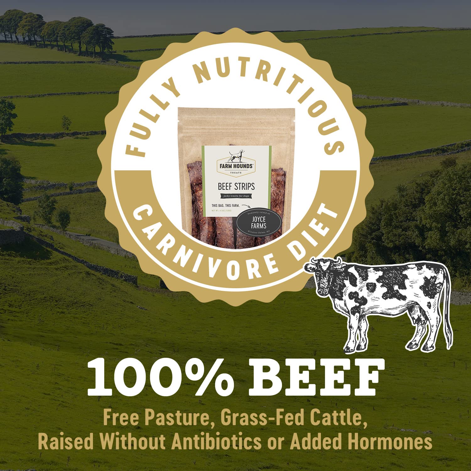 USA-made Farm Hounds bag label highlighting humane, pasture-raised cattle.