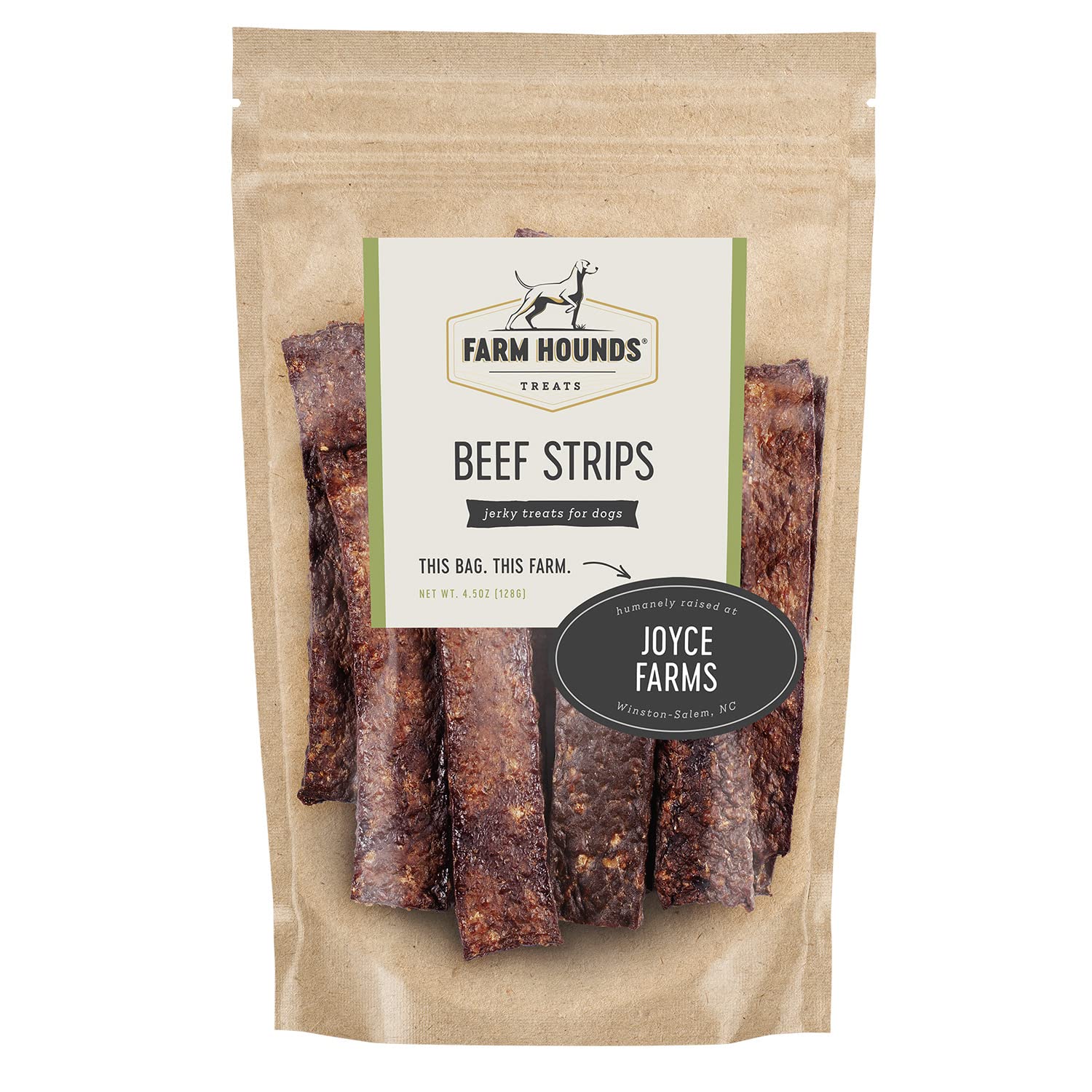 Farm Hounds Beef Strips pack, premium dog jerky for training rewards.