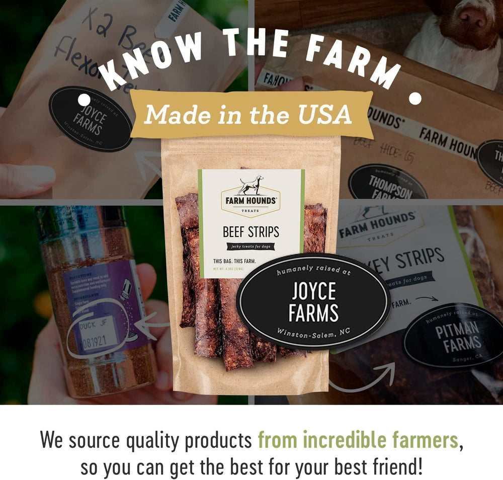 Farm Hounds Beef Strips USA-made packaging reflecting local farms.