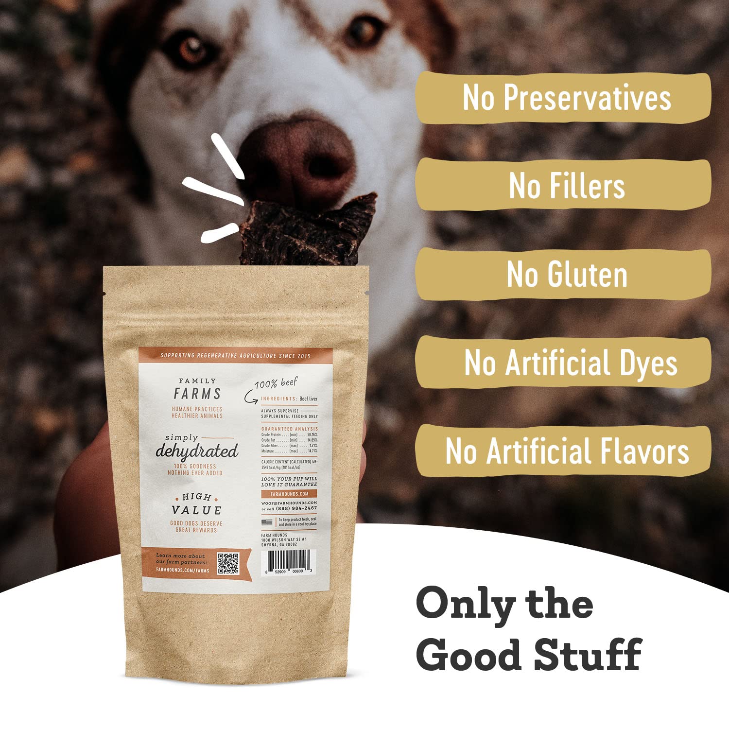 Farm Hounds 100% beef liver ingredient listing emphasizes purity.