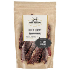 Farm Hounds Duck Jerky bag closeup shows a natural, protein-rich training treat.