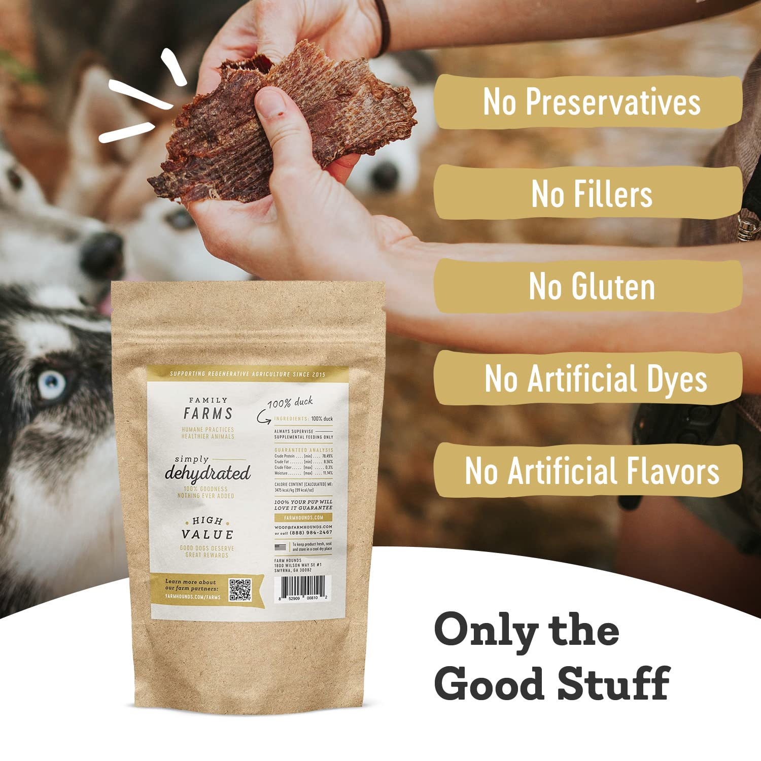 Premium natural ingredients showcased on Farm Hounds packaging for informed choices.