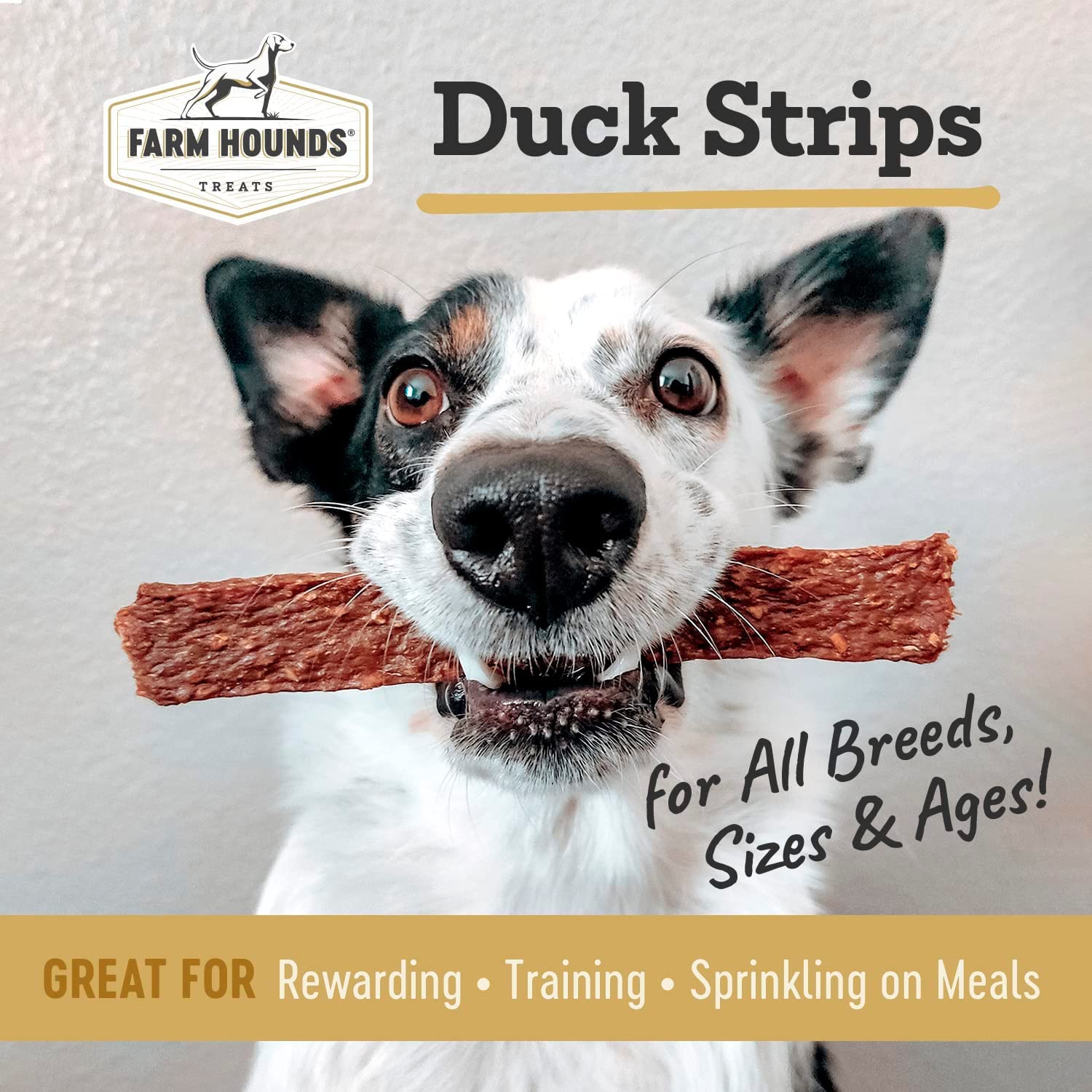 Farm Hounds Duck Strips back panel with ingredients and usage notes