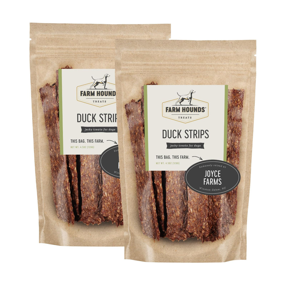 Farm Hounds Duck Strips bag front showing two 4.5 oz packs for training rewards