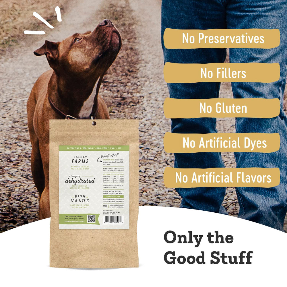 Dehydrated duck jerky strips from Farm Hounds, nutrient-dense snack