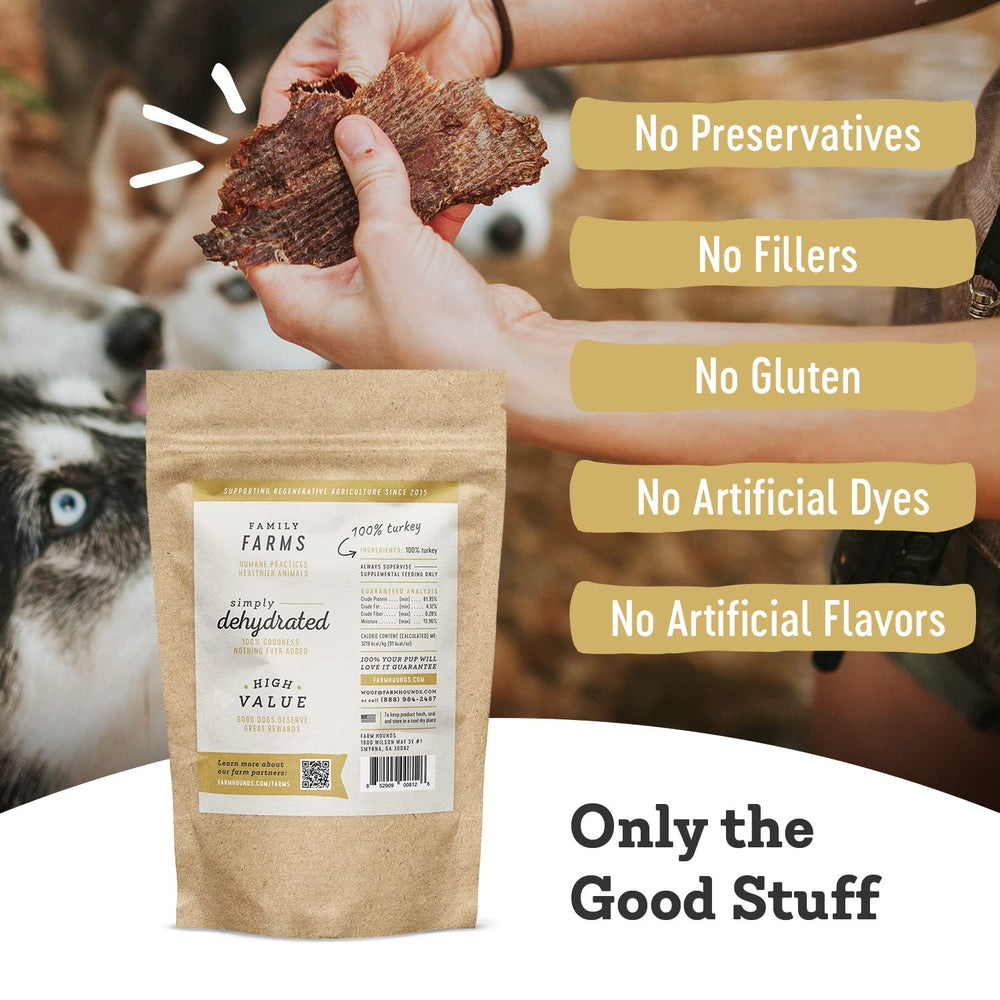 Farm Hounds Turkey Jerky contains no fillers and is protein-packed.