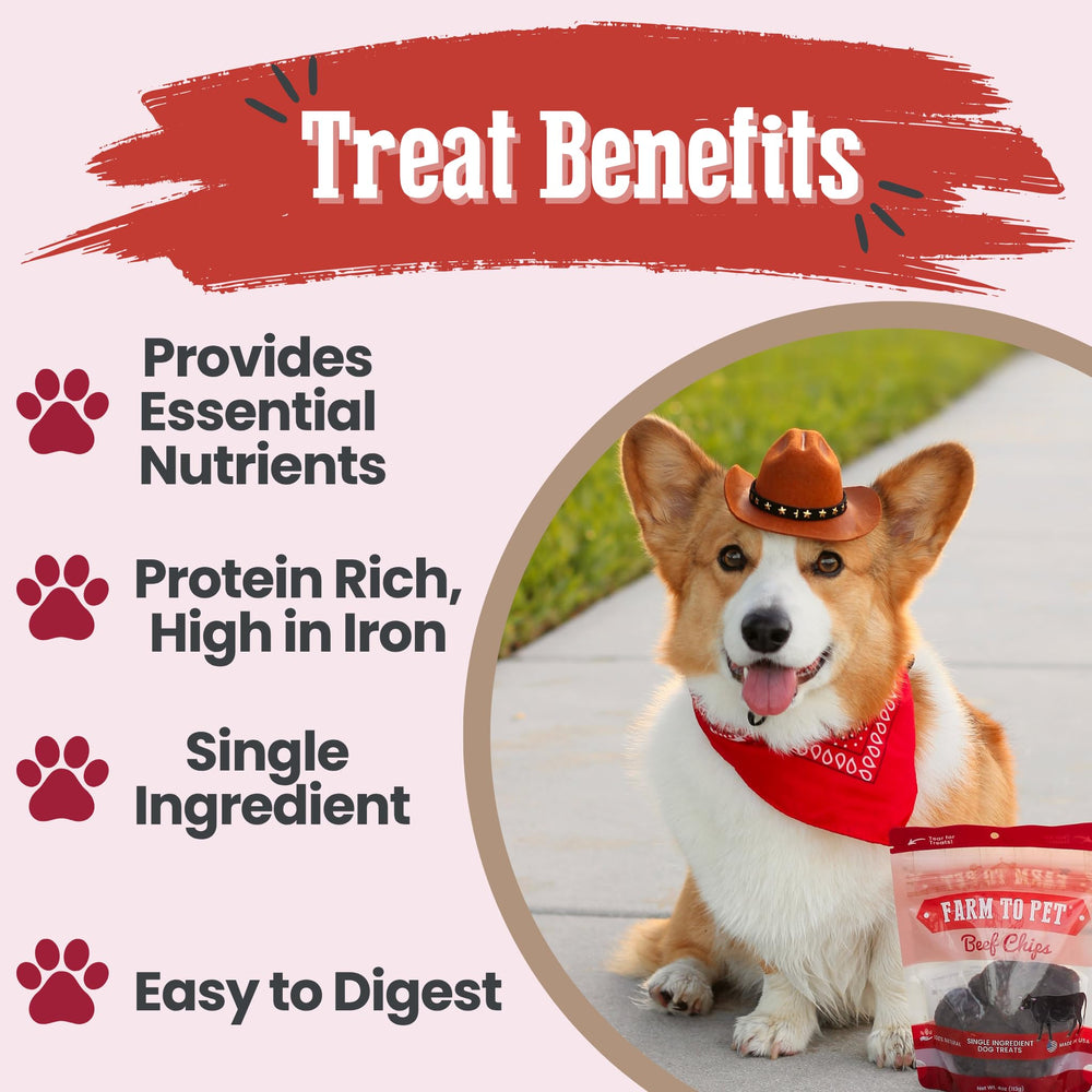 Farm To Pet beef chips all-breeds, bite-sized treats suitable for dogs of any size.