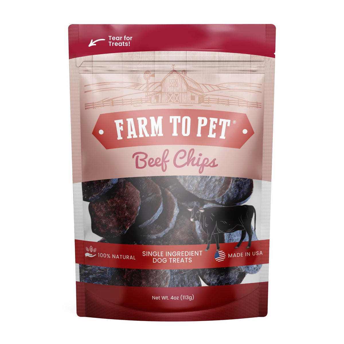Farm To Pet beef chips bag closeup, single-ingredient training treats ideal for quick rewards.