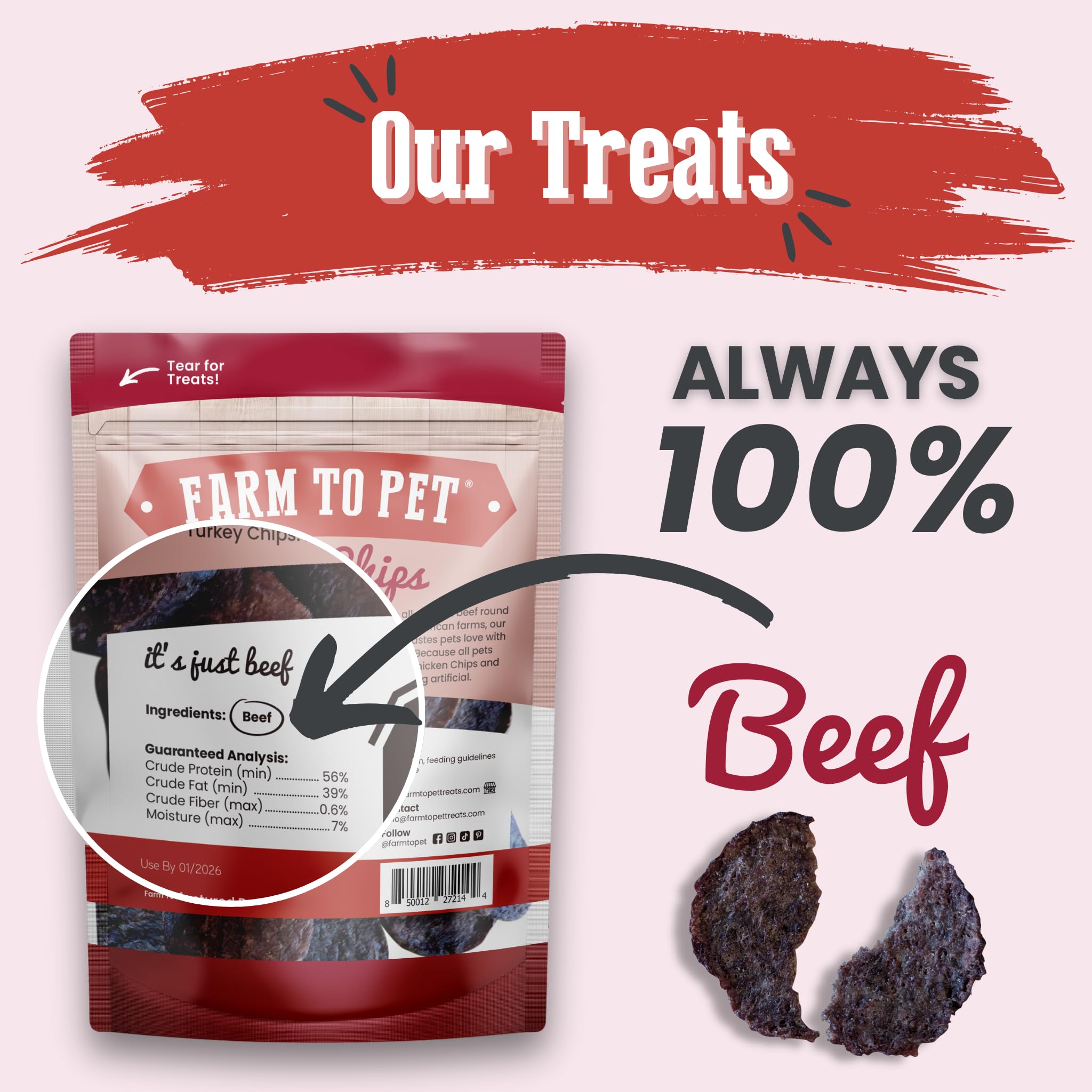 Farm To Pet beef chips texture detail, crunchy lean beef bites dogs love during training.