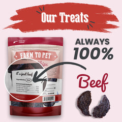 Farm To Pet beef chips texture detail, crunchy lean beef bites dogs love during training.