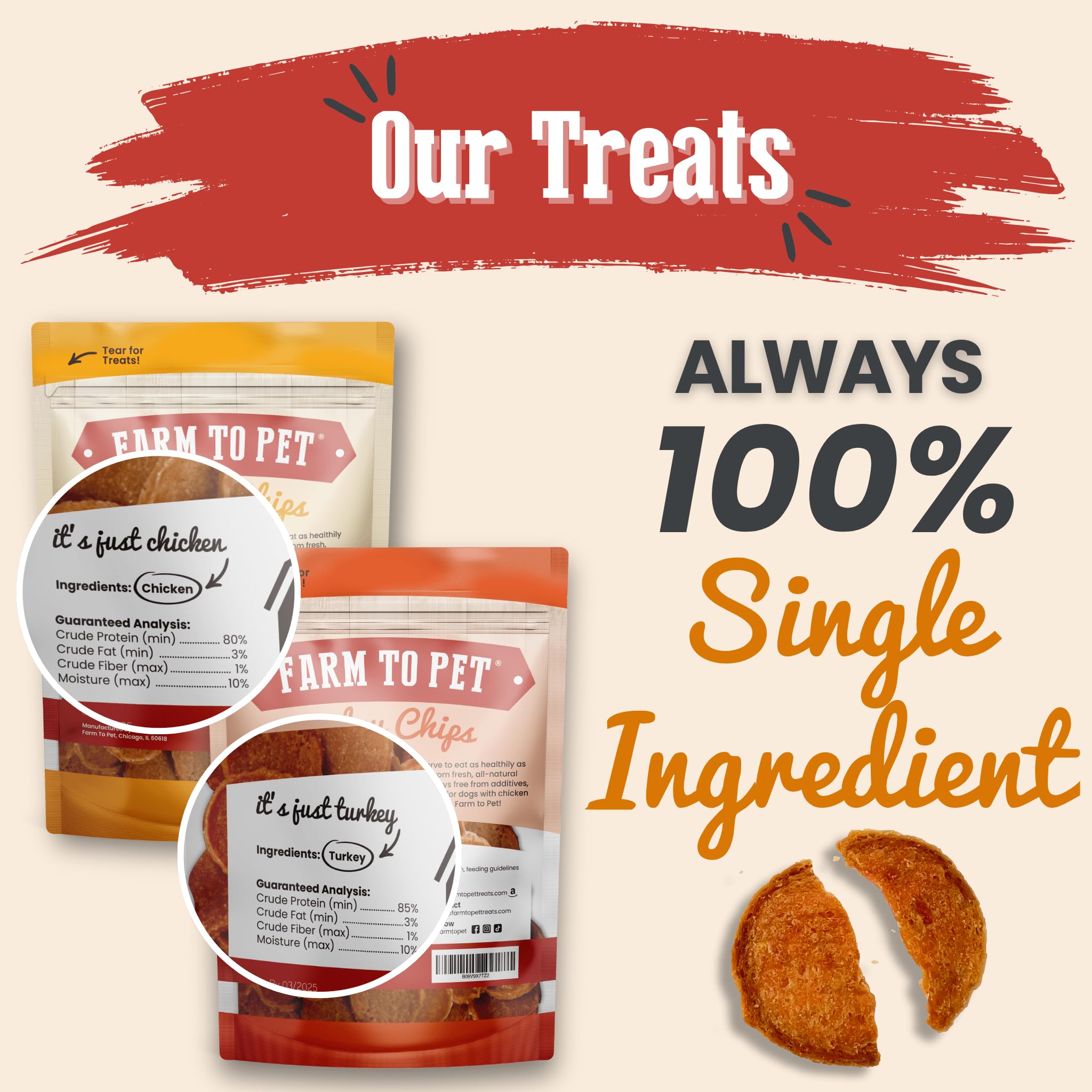 Farm To Pet chicken chip closeup; crunchy texture for training rewards