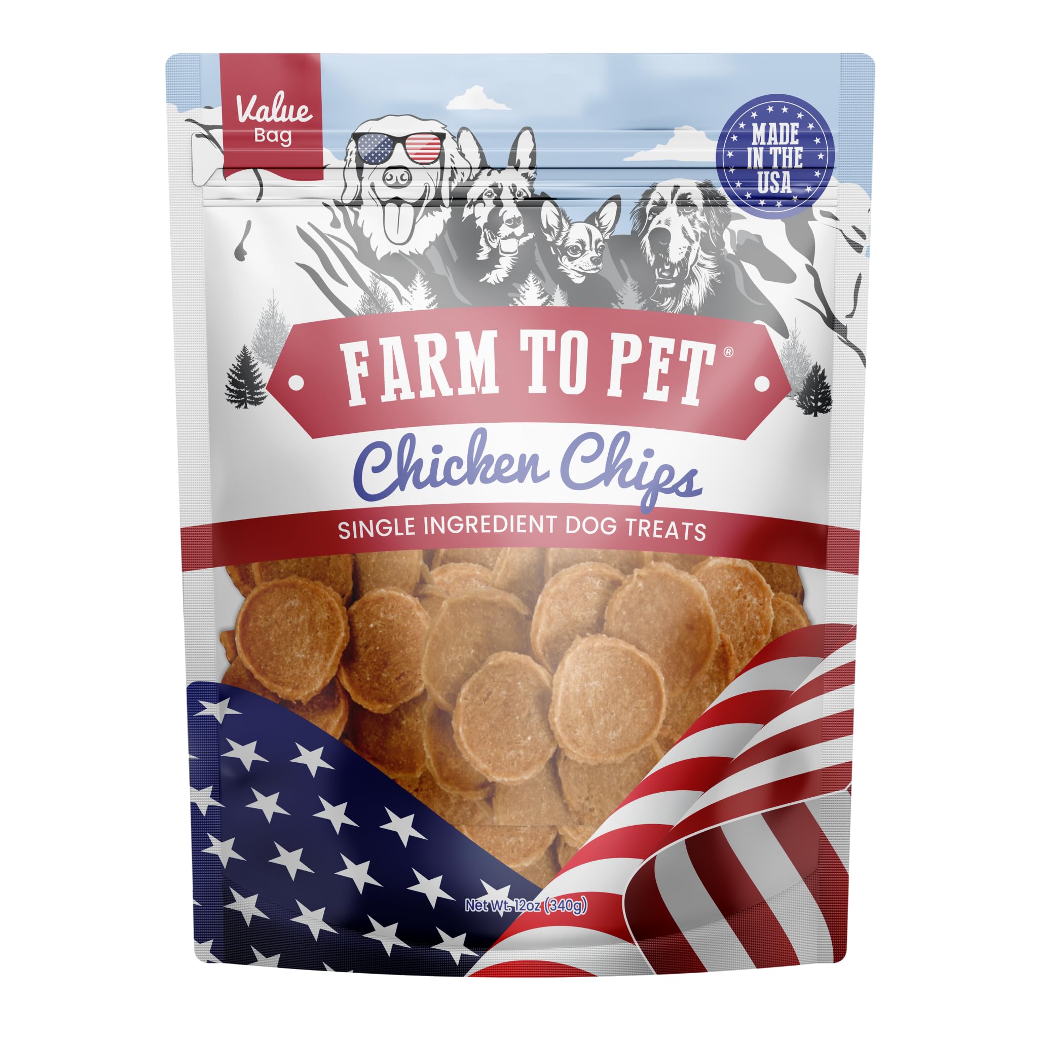 Farm To Pet chicken chips close-up; lean, single-ingredient treats for dogs' training